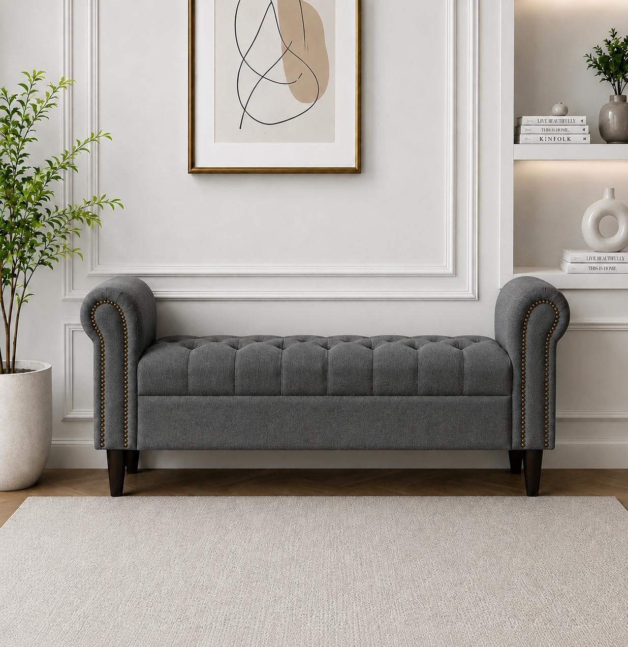 Teak Wood Upholstered Storage Bench with Armrest Bench Ottoman Pouffe Puffy Settee 2 Seater Sofa Footstool for Livingroom Bedroom Office Hotel (Dark Grey)-image-22
