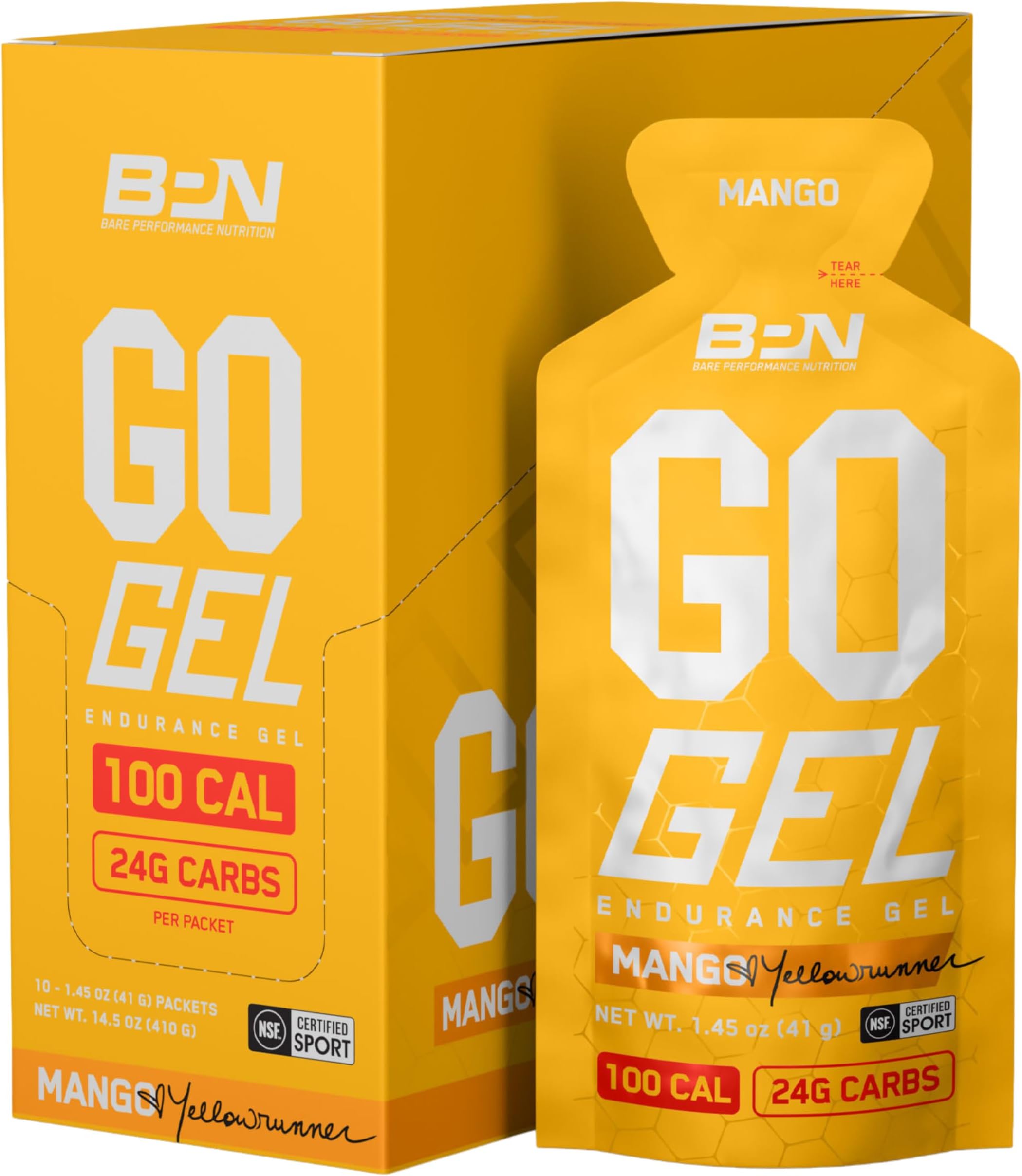 BARE PERFORMANCE NUTRITION, BPN Go Gel Endurance, 24g of Carbohydrates & 100 Calories per Pack, Vegan + Gluten Free Running Gel, 10 Single-Serving Packs, Mango