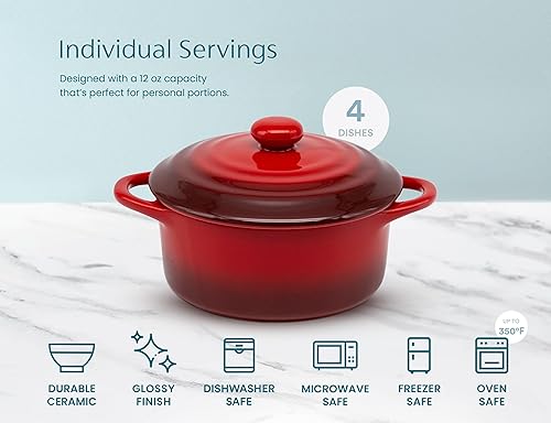 Miniatura 54 de Kook Juego de mini cocotte de cerámica, cacerolas pequeñas con tapas y asas, moldes individuales para hornear, aptos para horno, microondas y Negro