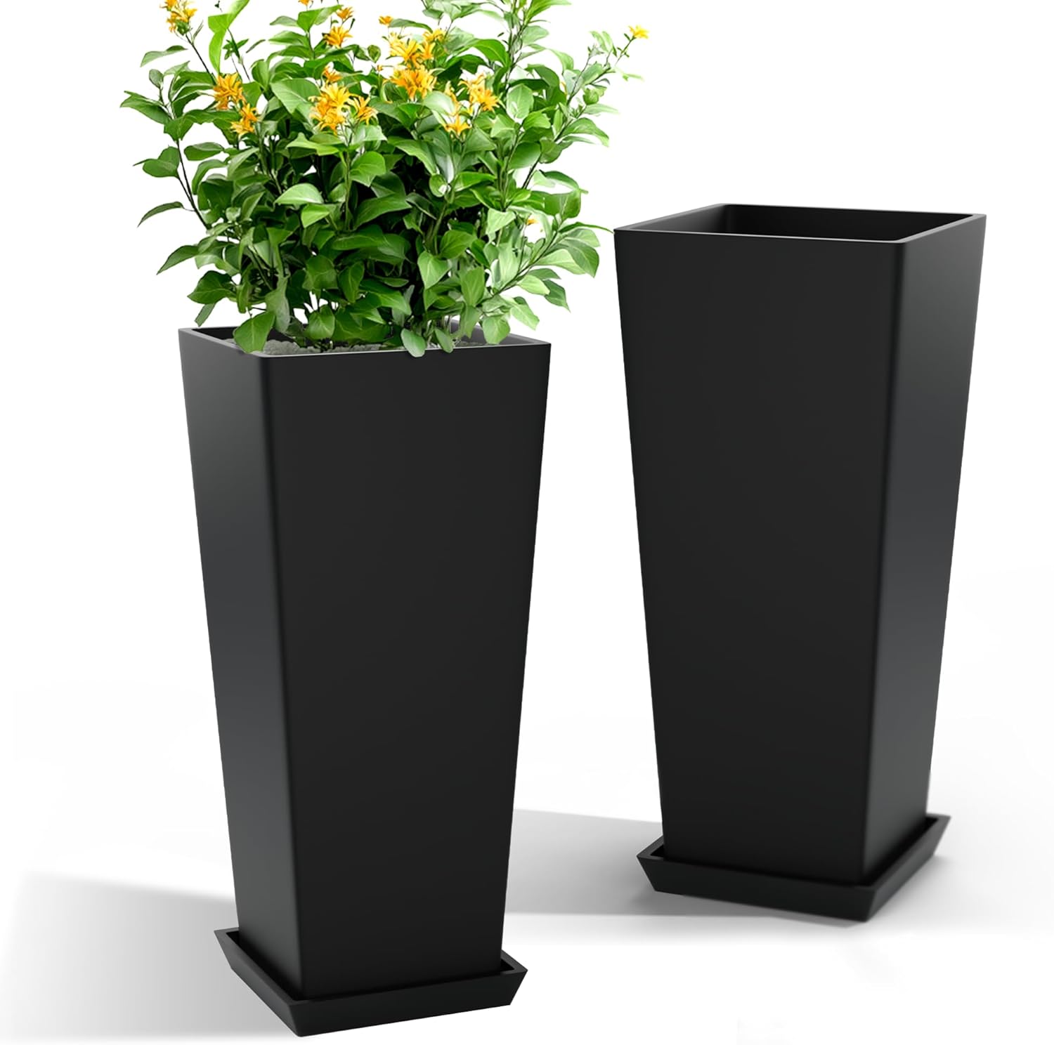 24 Inch Tall Tapered Square Planters (Set of 2) - Indoor Outdoor Large Flower Pots with Built-in Drainage & Matching Water Tray for Patio, Garden, Home - Black