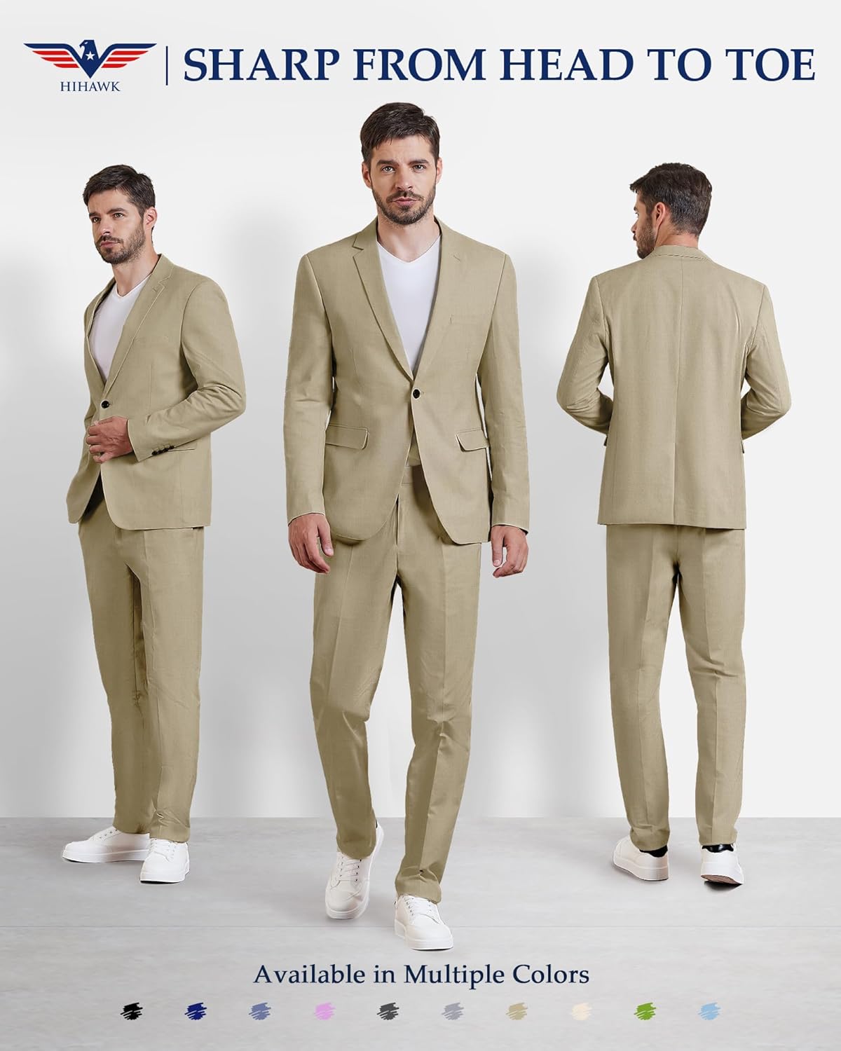 Hihawk Men 2 Piece Regular Fit Linen Suit, Casual Blazer Pants Set, Lightweight Jacket Trouser for Wedding Prom - Image 2
