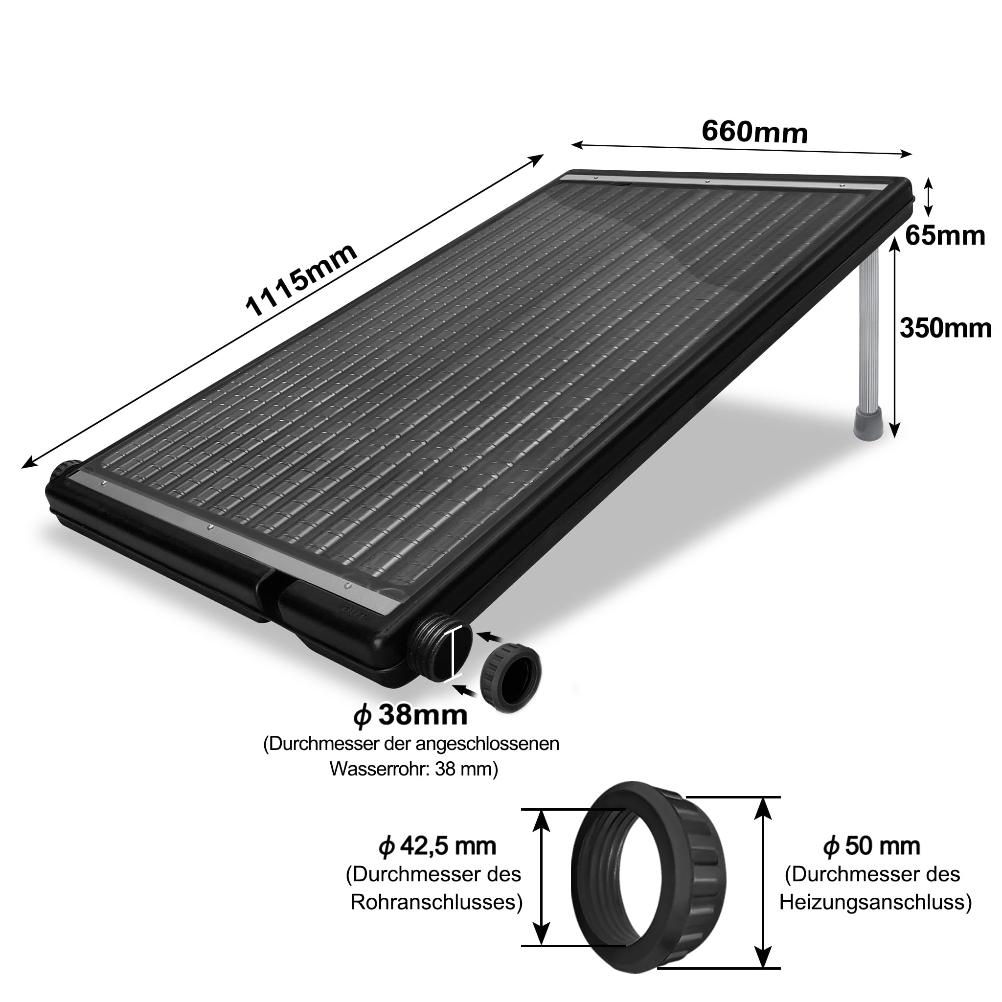 NAIZY Ogrzewanie basenowe, kolektor słoneczny 111 x 66 x 6 cm, system ciepłej wody z drążkiem podporowym i przyłączem Ø 5 cm, ogrzewanie solarne do basenów zewnętrznych