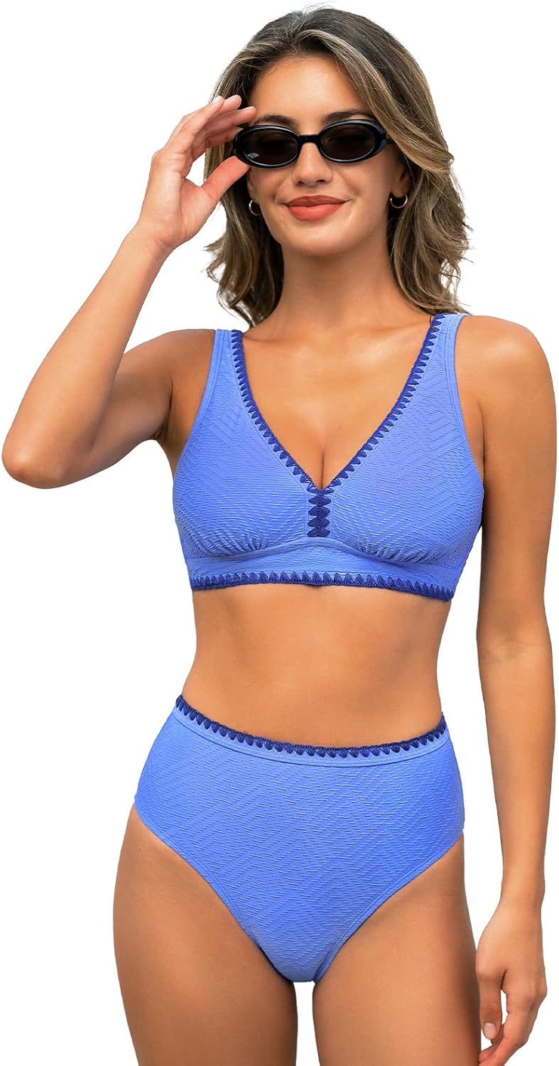CUPSHE Two Piece Swimsuit for Women Bikini Set V Neck High Waisted Textured Stitched Adjustable Straps Bathing Suits
