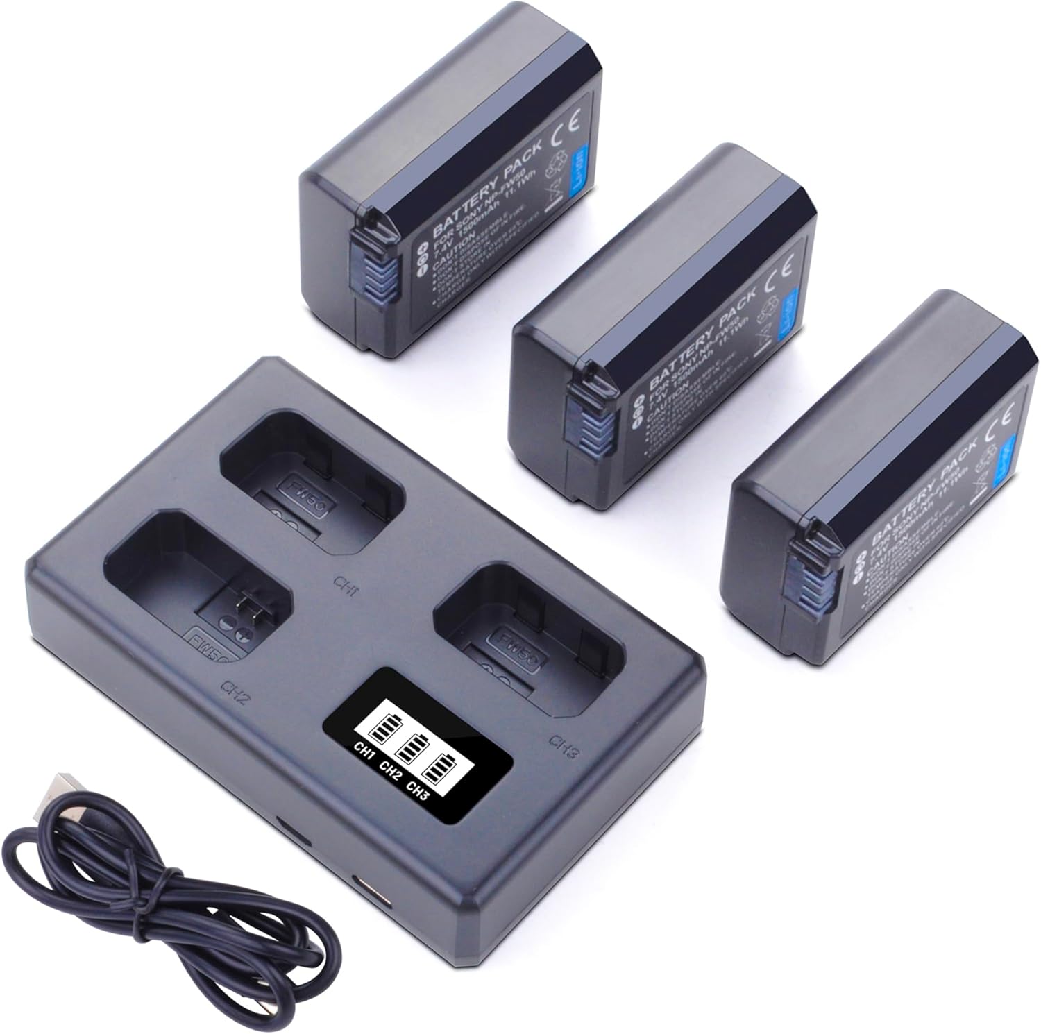 3-Pack NP-FW50 Replacement Battery with Smart Triple Slot LCD Charger Compatible for Sony ZV-E10, Alpha A5000 A5100 A6000 A6300 A6400 A6500, A7, A7R, A7RII, A7II, A7S, A7SII Camera