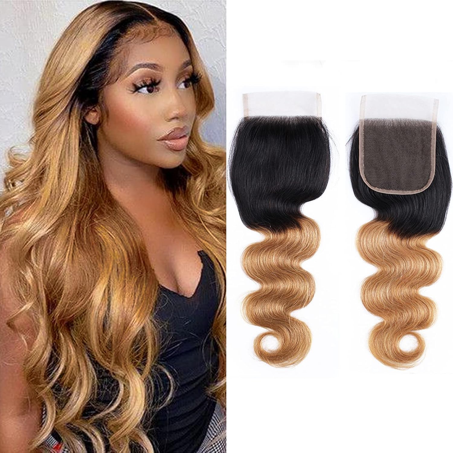 4x4 Closure Body Wave Pre Plucked 1B27 Closure Free Part Lace Base Brazilian Hair Human Hair Extensions Curly Sew In Hair Weave Wet And Wavy Unprocessed Virgin Hair Ombre Color 20 Inch