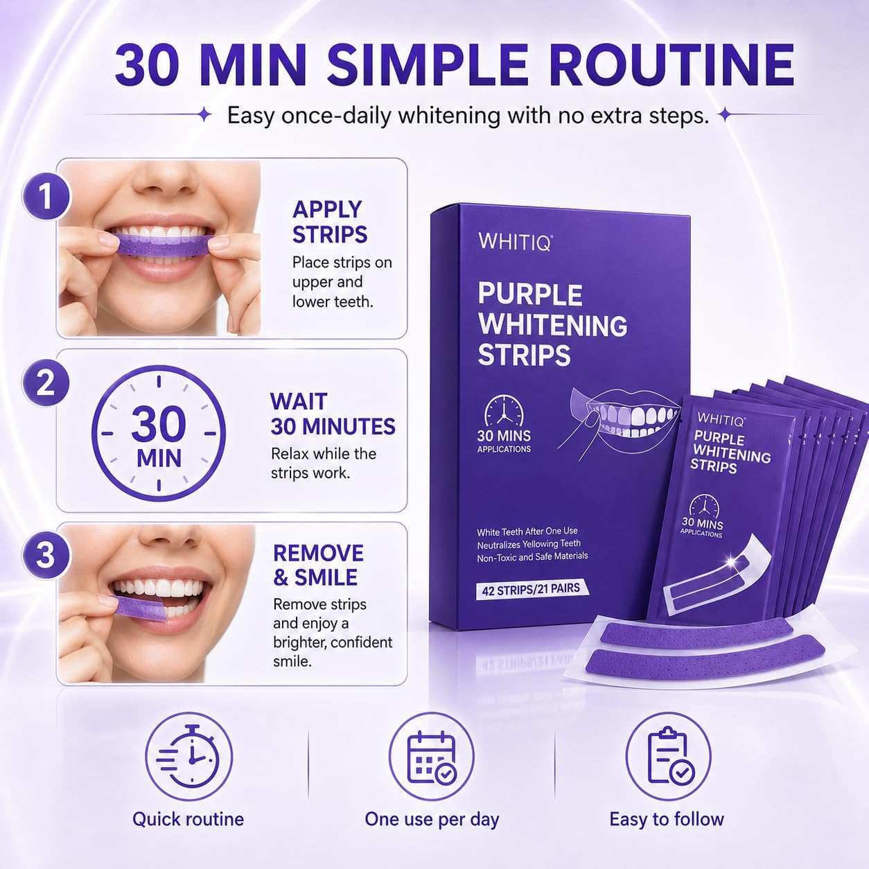 Purple Teeth Whitening Strips - 21 Treatments (42 Strips), Natural Whitening Strips Purple for Sensitive Teeth, Gentle Brightening & Yellow Stain Remova, 30 Min Treatment