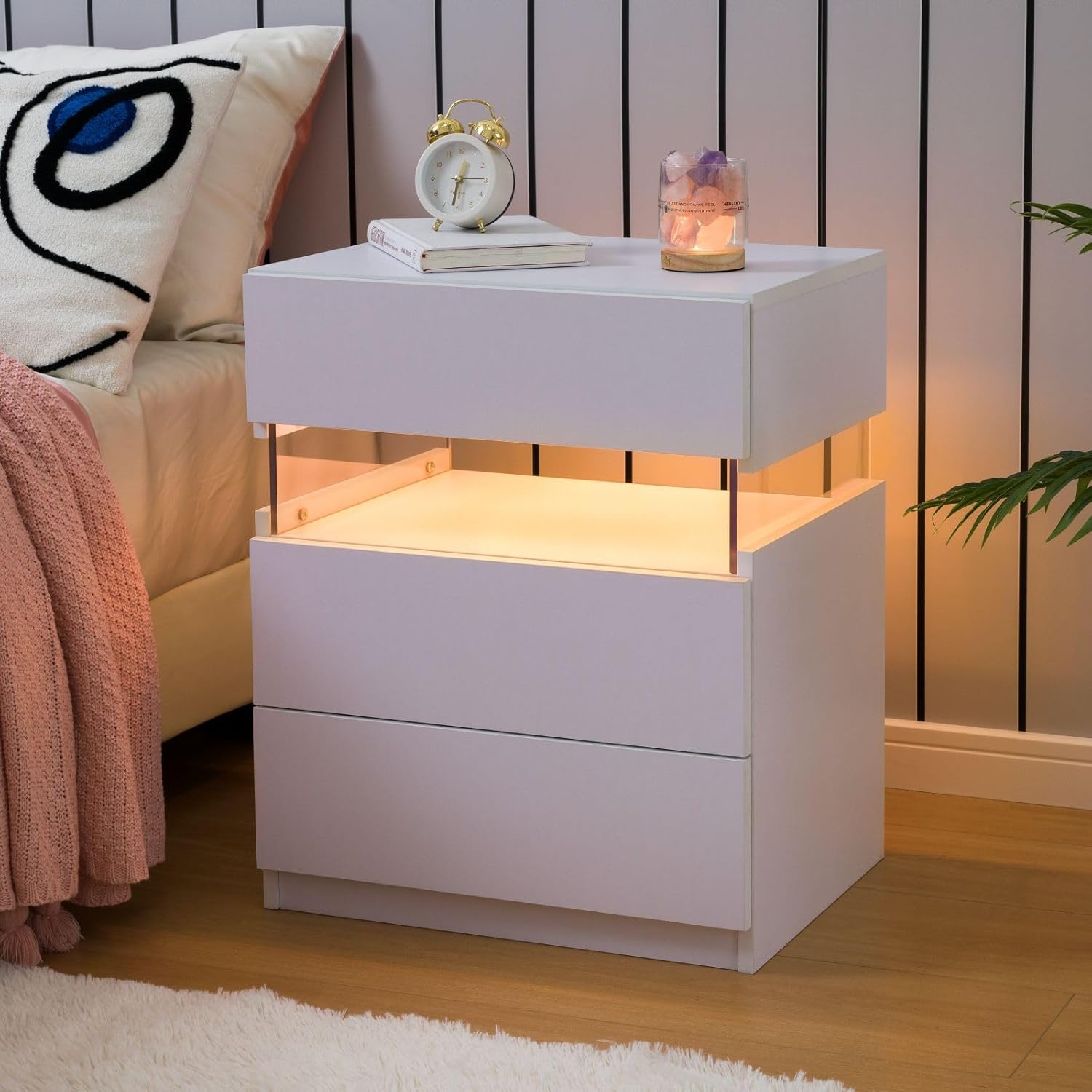 White LED Nightstand Set of 2,Night Stand Set 2,Modern Night Stand with 3 Drawers,Night Stands for Bedroom Set of 2,Bedside Table Suitable for Small Spaces and Indoor use Capabilities