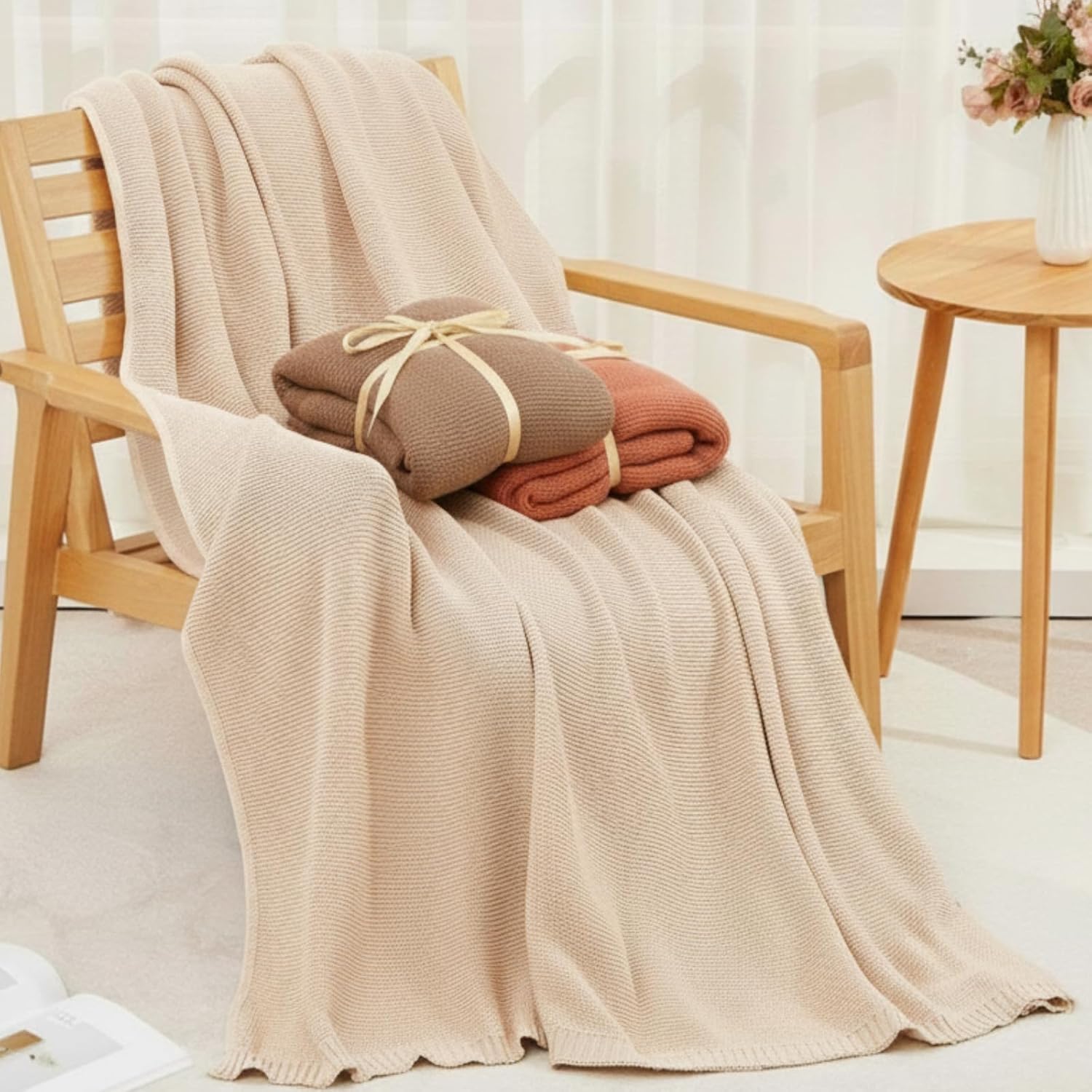 Breling 3 Pcs 50 x 60 Inch Large 100% Cotton Knitted Throw Blanket for Couch Sofa Bed Room Home Use Travel Soft Lightweight and Machine Washable Cozy Knit Blanket Handmade Lap Towel,Beige Orange Brown