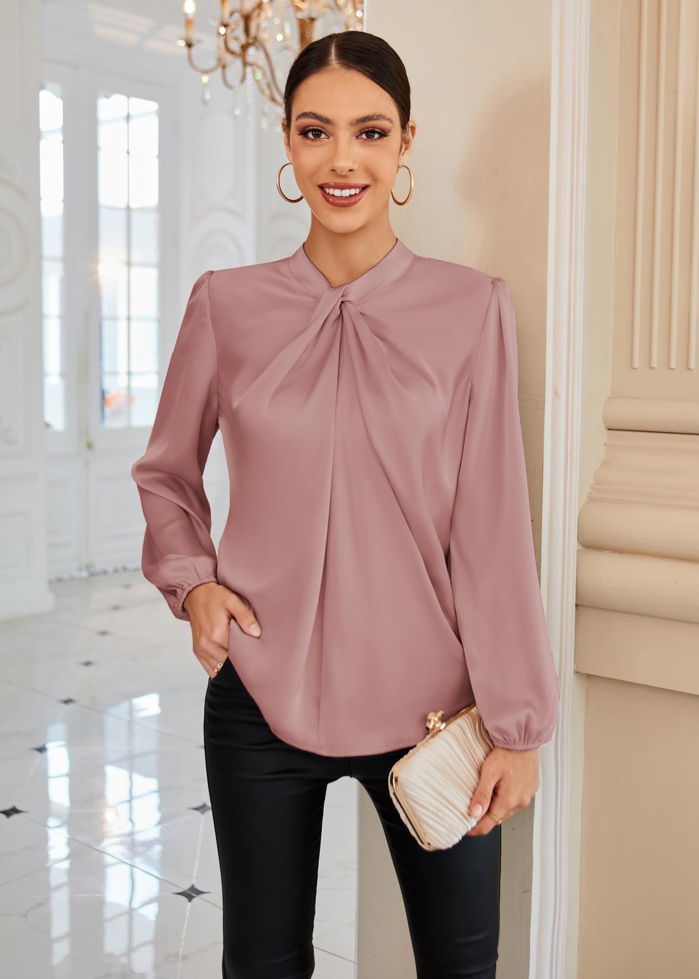 GRACE KARIN Blusa Elegante Donna Maniche Lunghe Tinta Unita con Bottoni Scollo a V da Ufficio Casual