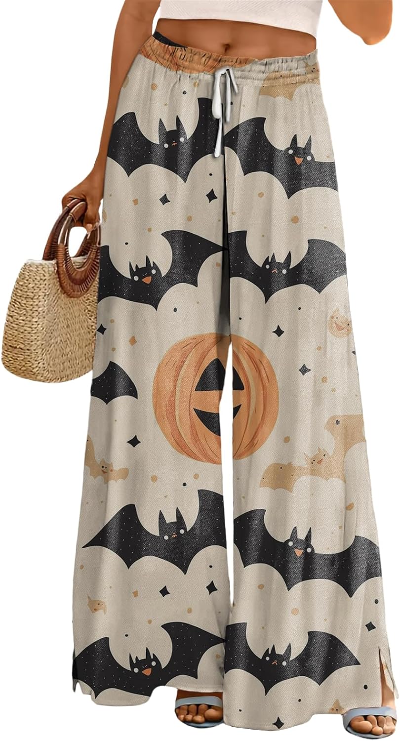 domirica Halloween Pants Women Drawstring Elastic Waist Wide Leg Pants Ladies Pumpkin Ghost Pajama Vintage Street Wear