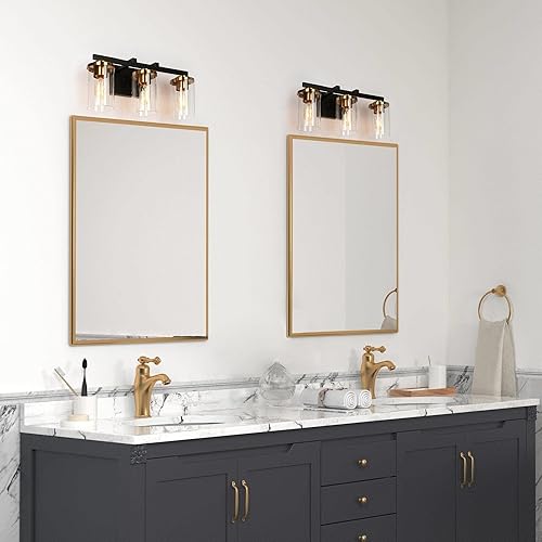 Miniatura 5 de ZEVNI Lámparas de baño, luces de tocador negras y doradas, moderna iluminación de baño de 3 luces con pantallas de vidrio cilíndricas, 20 pulgadas