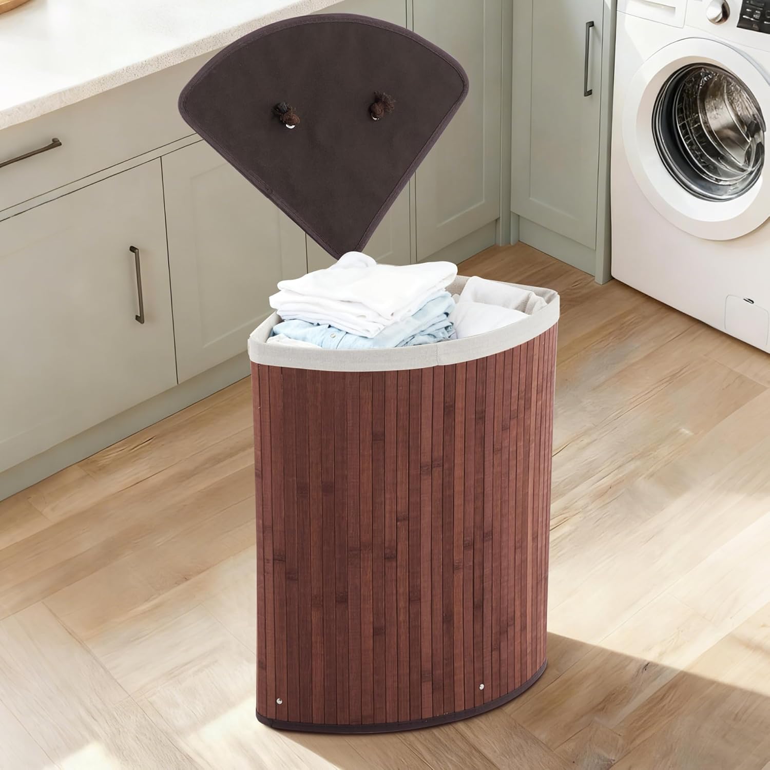 Space-Saving Bamboo Corner Laundry Hamper with Lid – 19 Gallon/73L Collapsible Clothes Basket – Removable Washable Liner – Decorative Wicker Storage for Bedroom, Bathroom, Apartment – Dark Brown