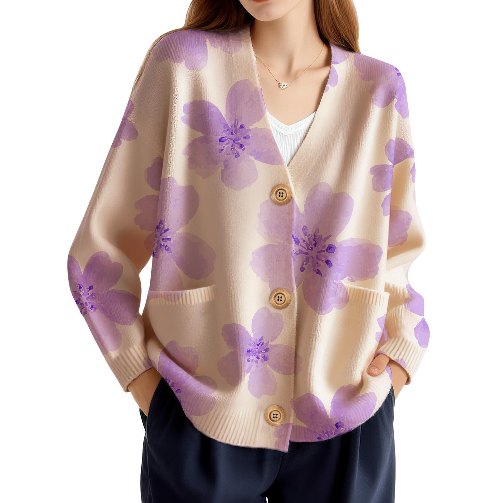 Deep V Neck Fall Sweaters for Women 2025 Floral Print Button Up Long Sleeve Loose Casual Knit Cardigans