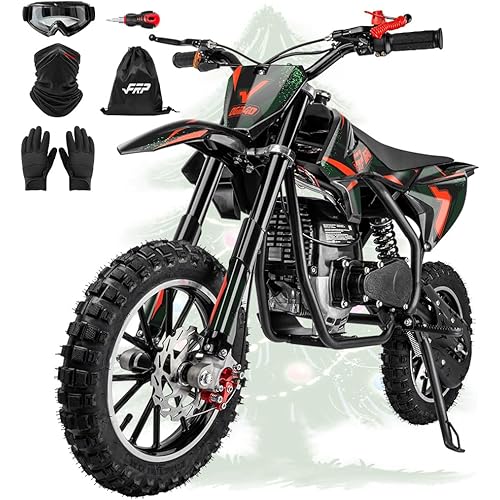 FRP FX40-Ogemaw Kids Dirt Bike 40CC 4-Stroke Gas Powered Off-Road Mini Motorcycle with Goggles, Gloves & Neck Gaiter, Dual Disc Brakes, 20 MPH Max Speed, 132 LBS Weight Capacity (Black)
