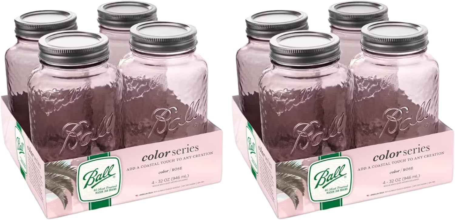 Ball Vintage Glass Mason Jars, Regular Mouth, Quart Size (Rose, 4 CT (Pack of 2))