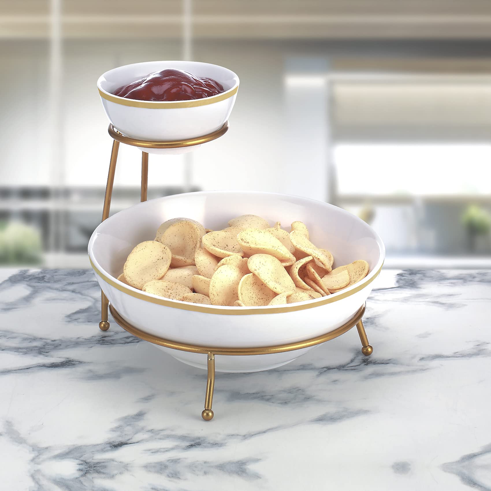 Bone China Shallow 4.75"/9.25" Chip & Dip Bowl Set With Gold Stand and Decal, Tied Serving Tray Food Display Dessert Appetizer, Serving Plate Set for Parties, Gold, White/Gold, DY-2049-DG