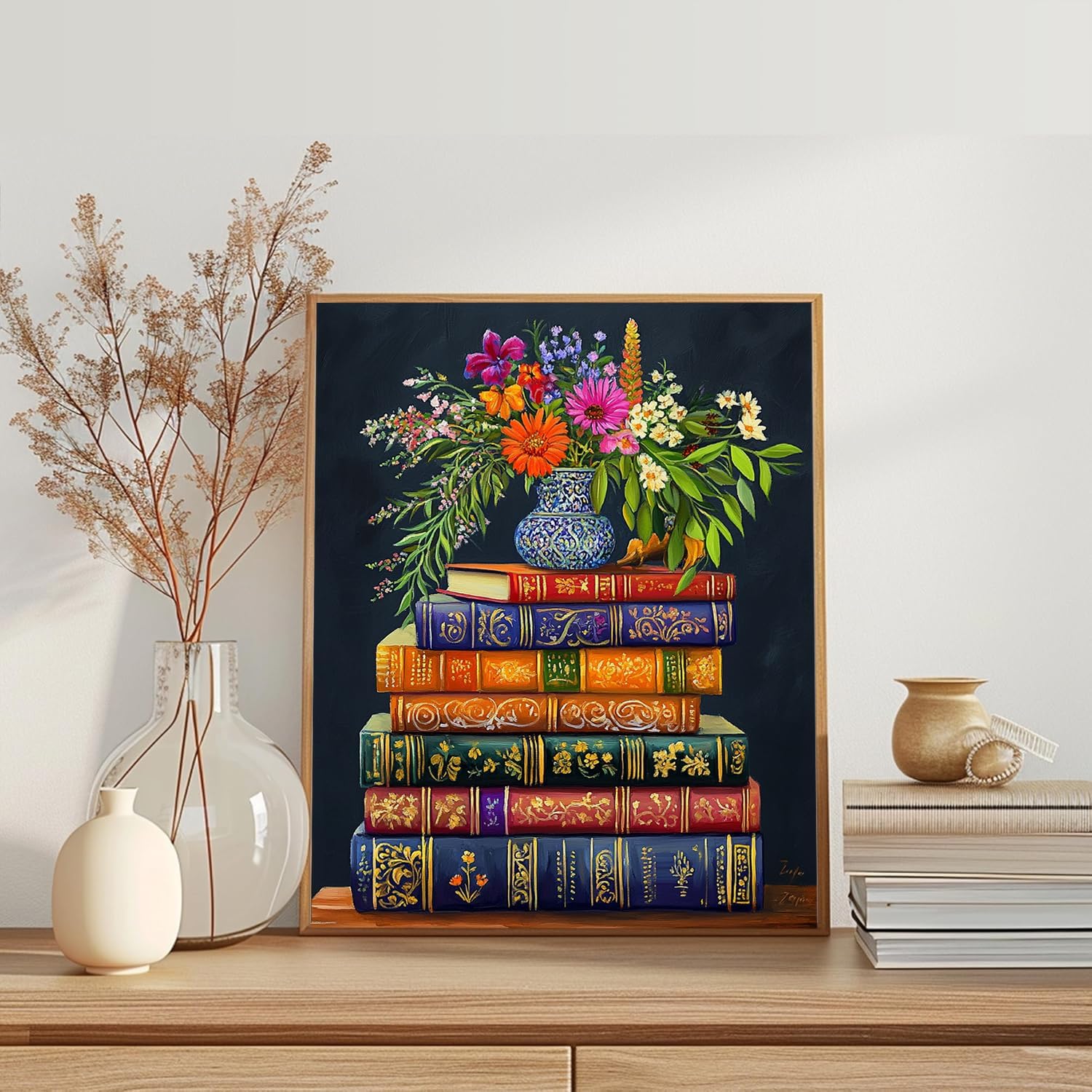 MSTINGSHUN Book and Vase Paint by Numbers Study Room Decoration DIY Painting by Number on Canvas Flowers in Vase Painting with Brushes Acrylic Paints for Home Decor 16x20 Inch（with Frame）