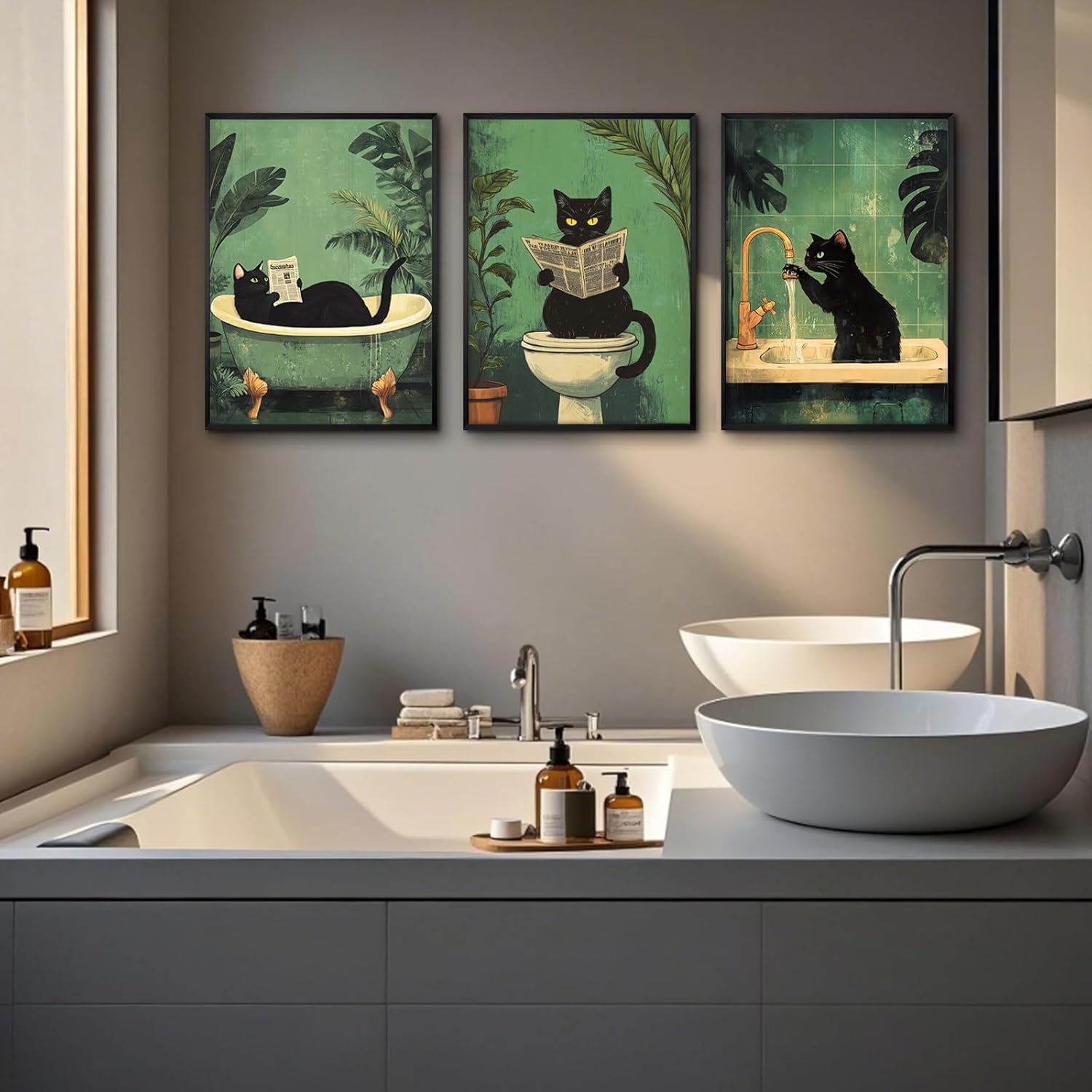Cat Bathroom Wall Art Funny Canvas Wall Decor Black Cat Pictures Cute Prints Funny Bathroom Poster Green Toilet Art Vintage Painting Artwork Cute Posters for Toilet Washroom 12x16x3 Inch Unframed - Image 7