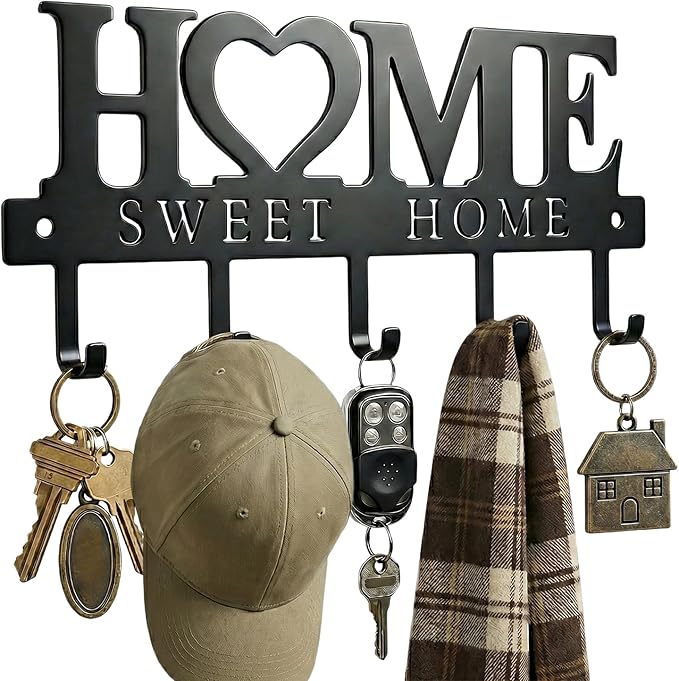 WIPHANY Entryway Key Holder Wall Mount with 5 Hooks, 13" Metal “Sweet Home” Key Rack Organizer for Wall, Decorative Key Hanger for Entryway, Hallway & Mudroom, Housewarming Gift, Black