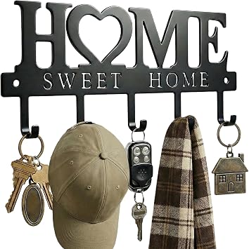 Entryway Key Holder Wall Mount with 5 Hooks, 13" Metal Sweet Home Key Rack Organizer for Wall, Decorative Key Hanger for Entryway, Hallway & Mudroom, Housewarming Gift, Black