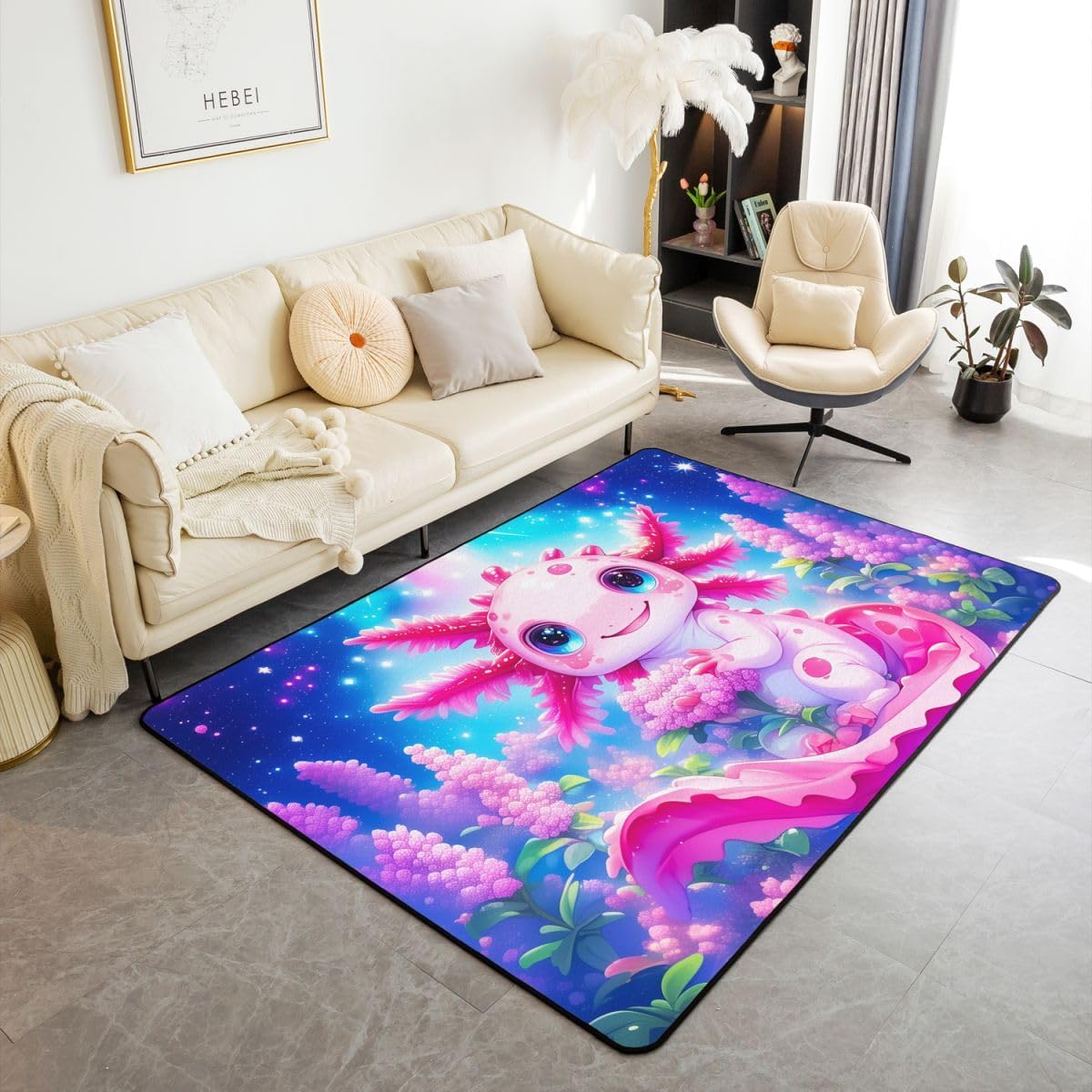 jejeloiu Cute Axolotl Area Rug 3x5 Polyester Rainbow Donut Living Room Rugs for Bedroom Cartoon Animal Decor Carpet Glitter Galaxy Indoor Floor Mat Soft Non-Slip