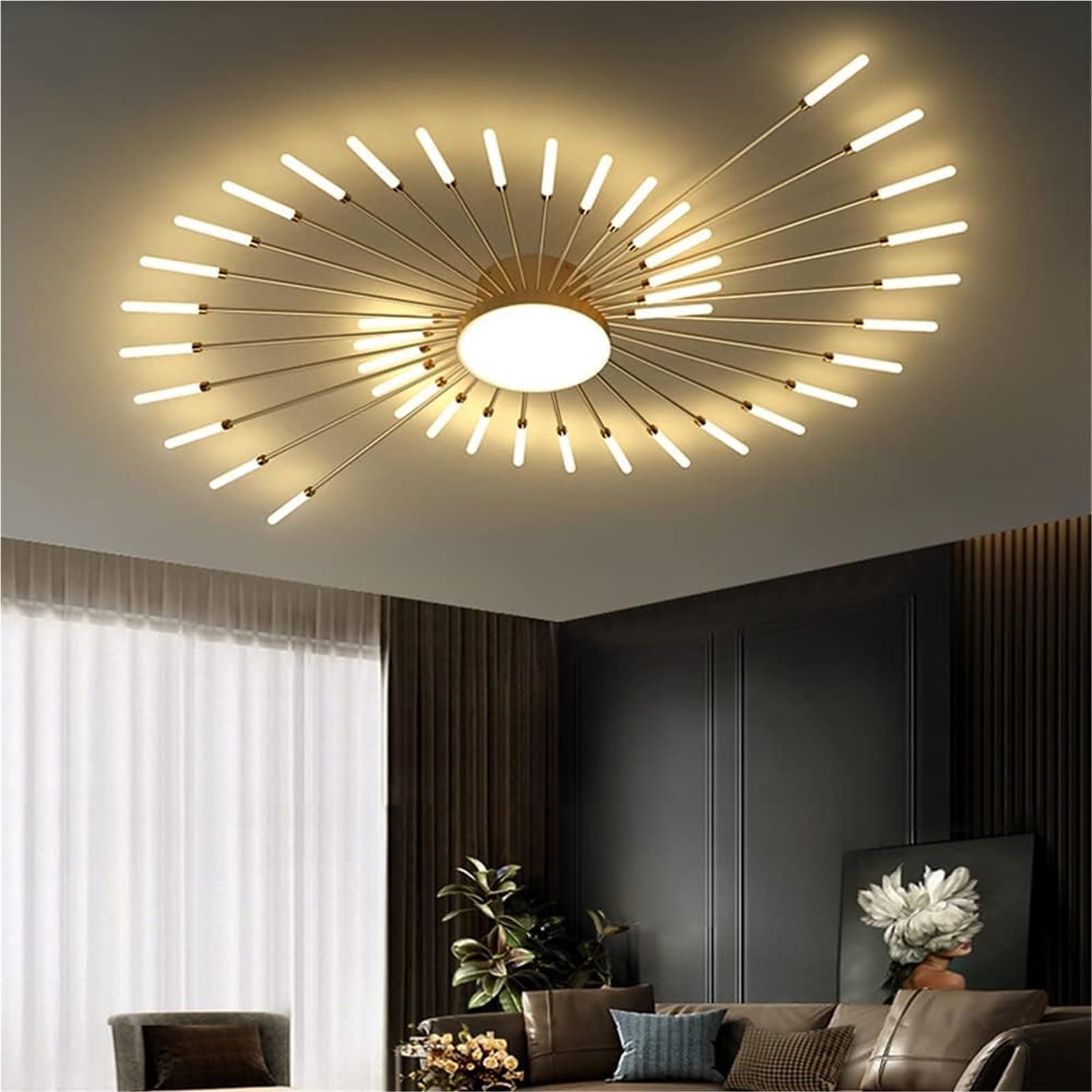 XHEILZOP Dimmable LED Ceiling Light, Modern Gold Flush Mount Firework Chandelier, Flower Shape Metal Acrylic Ceiling Lamp for Living Room Bedroom(Gold)