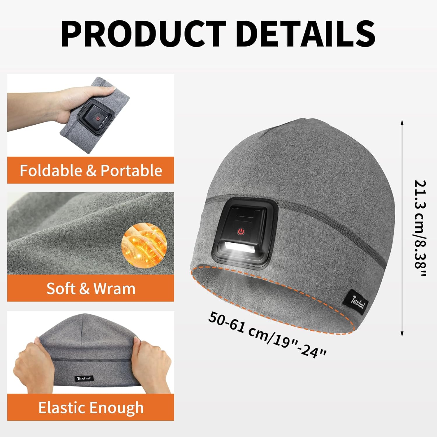 Taximi Led Beanie with Light, USB Rechargeable Headlamp Beanie, Fleece Flashlight Hat for Running, Gift for Men Dad Husband - Image 5