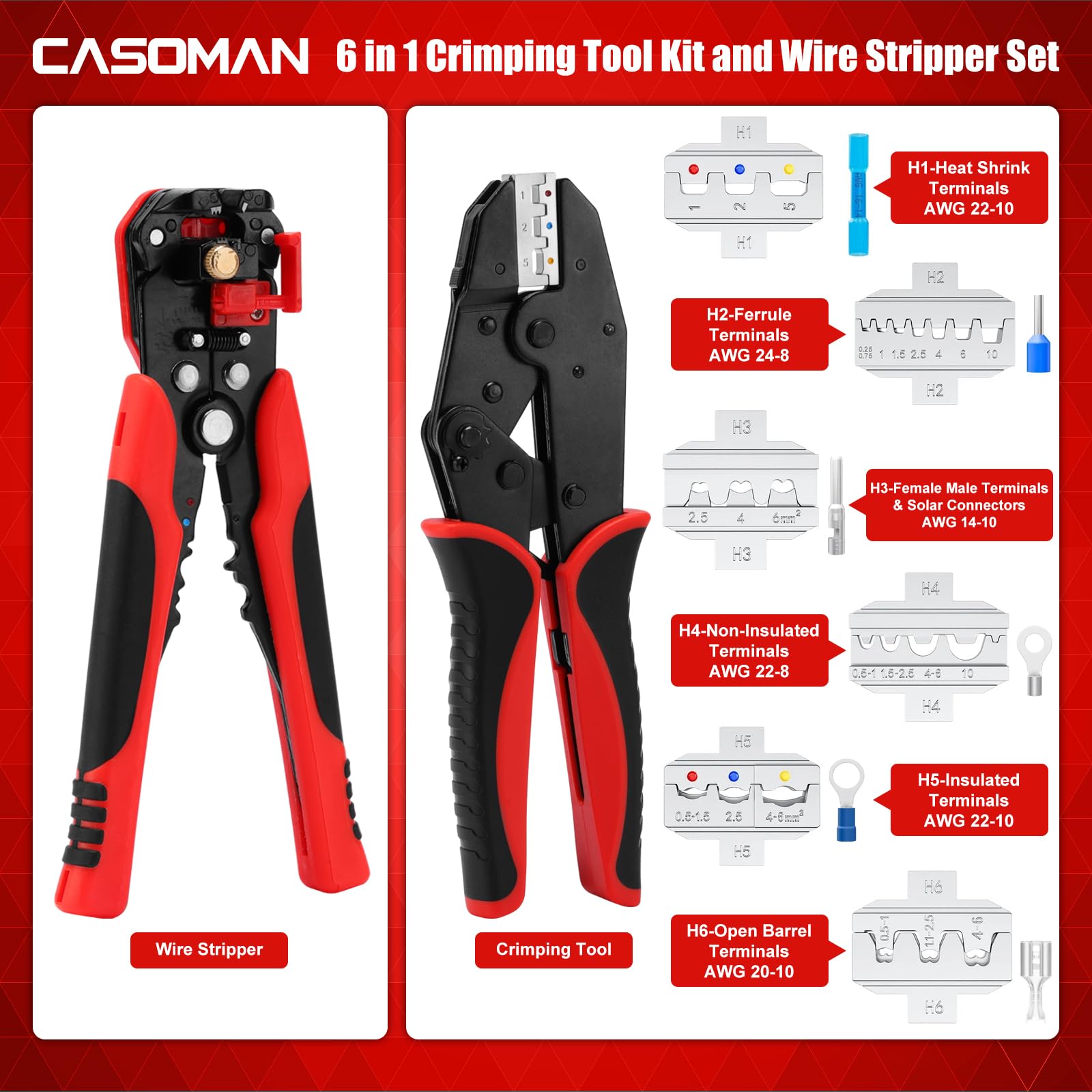 CASOMAN Kit de herramientas de crimpado 6 en 1 y juego de pelacables, 6 tamaños de mandíbula intercambiables, herramienta de crimpado de alambre multiusos, ideal para crimpado, cableado, encogimiento