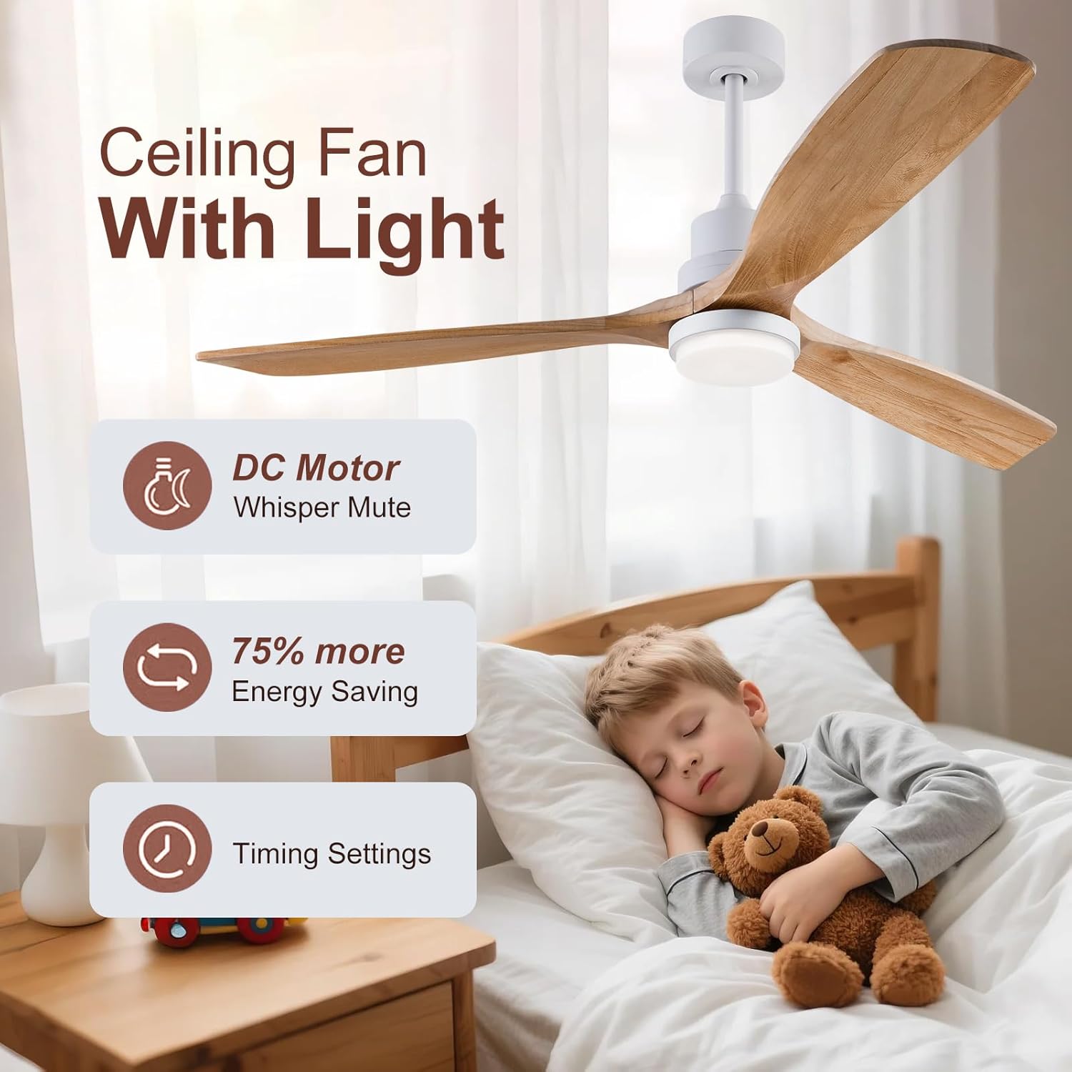 60 inch Ceiling Fan No Light,3 Natural Wood Blades, Modern Outdoor Fan with Remote for Outdoor Patio Balcony Indoor Dining Room Office,6 Speeds,1/4/8 Hour Timer,Quiet Reversible DC Motor