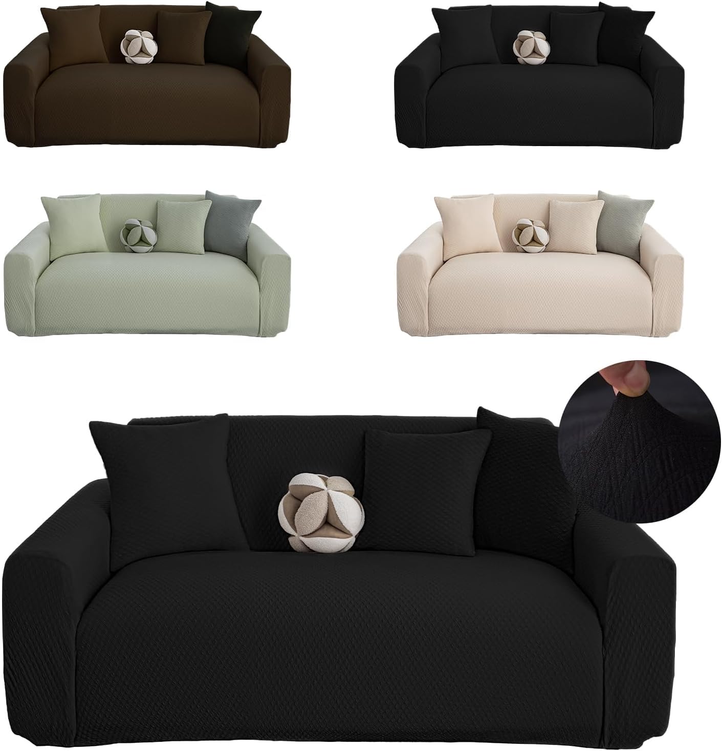 Stretch Couch Covers, Couch Covers for 2 Cushion Couch Sofa pet Friendly, Washable, Furniture Protector Sofa with Elastic Bottom for Cats, Dogs (Puff Grid - Black, 2 Seats)