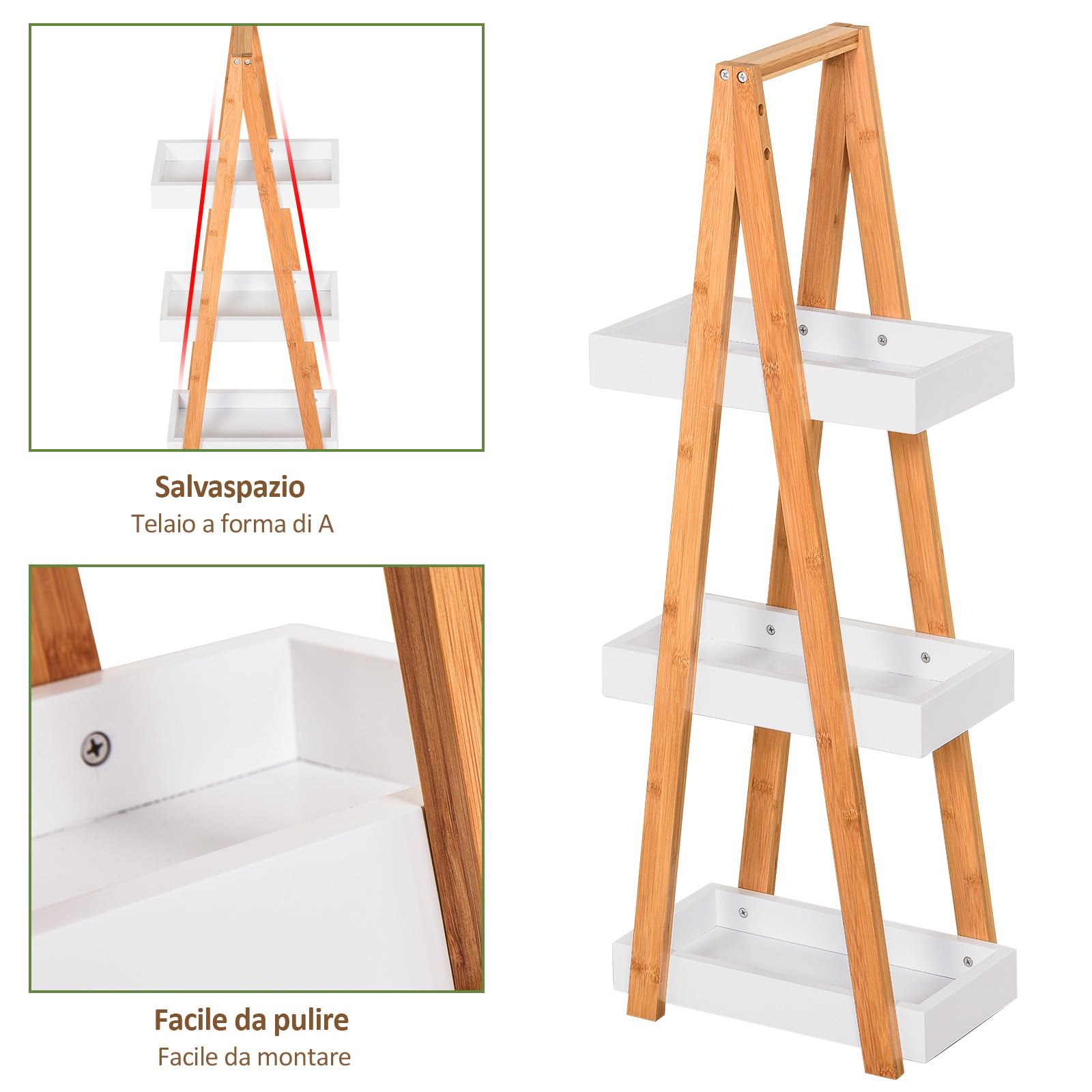 kleankin Scaffale Salvaspazio da Bagno in MDF e Bambù, Forma a Piramide con 3 Mensole, Color Legno e Bianco, 30x18x81cm