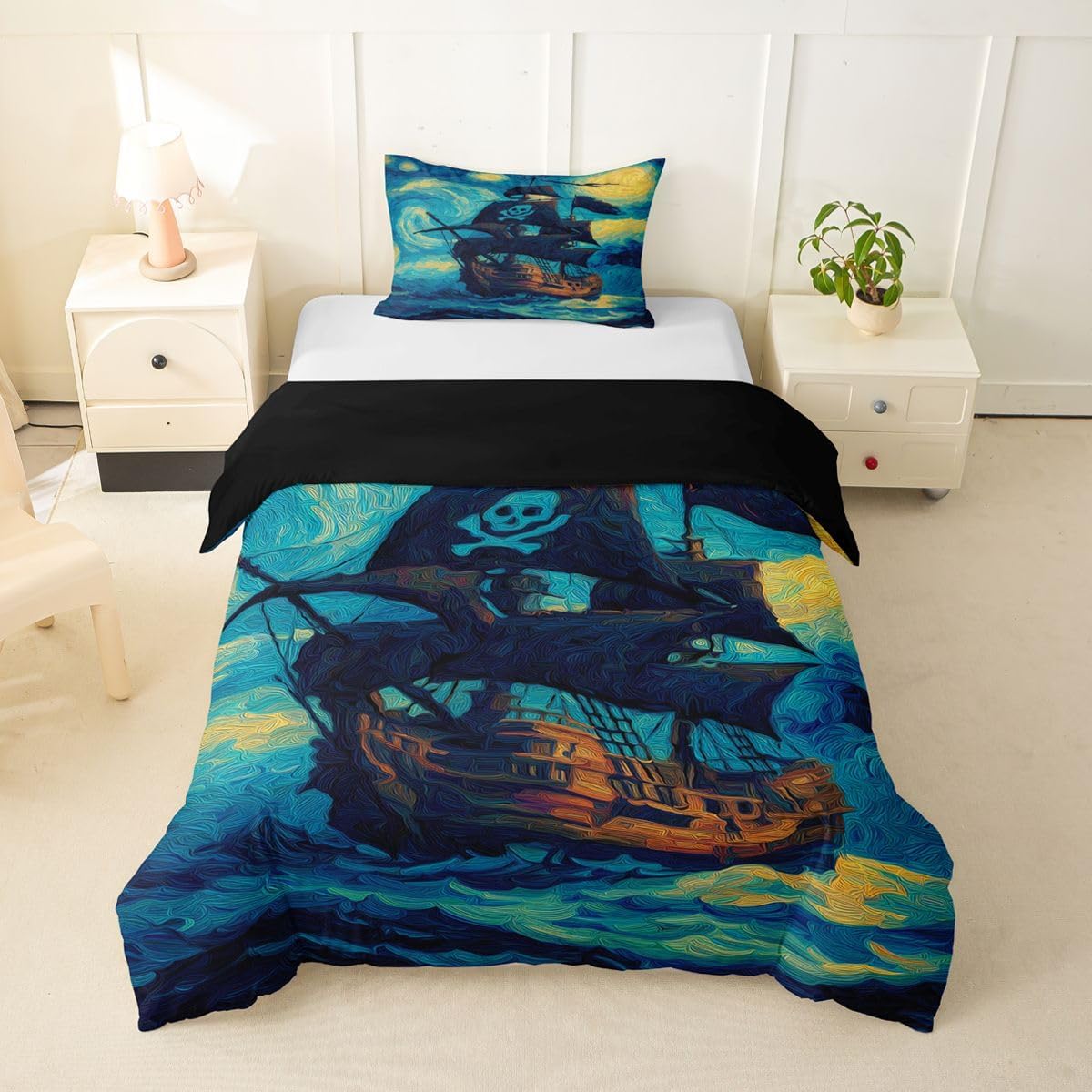 Erosebridal Nautical Sailboat Bedding Set Twin for Kids Boys - Gothic Pirate Ship Duvet Cover Abstract Watercolor Wave Starry Comforter Cover,Mysterious Nautical Adventure Bed Set