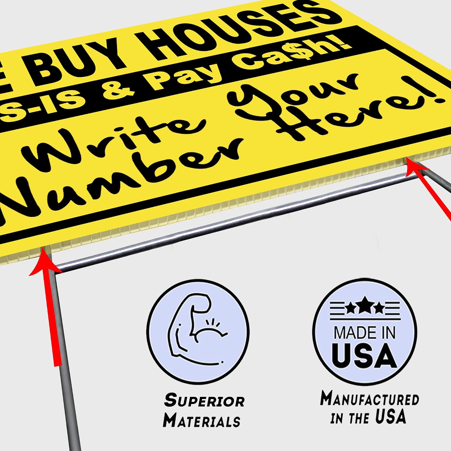 VIBE INK Bundle 100qty - WE Buy Houses - AS-is & Pay Cash - Write Your # - Wholesale 18" x 12" Bandit Signs (Black & Yellow)
