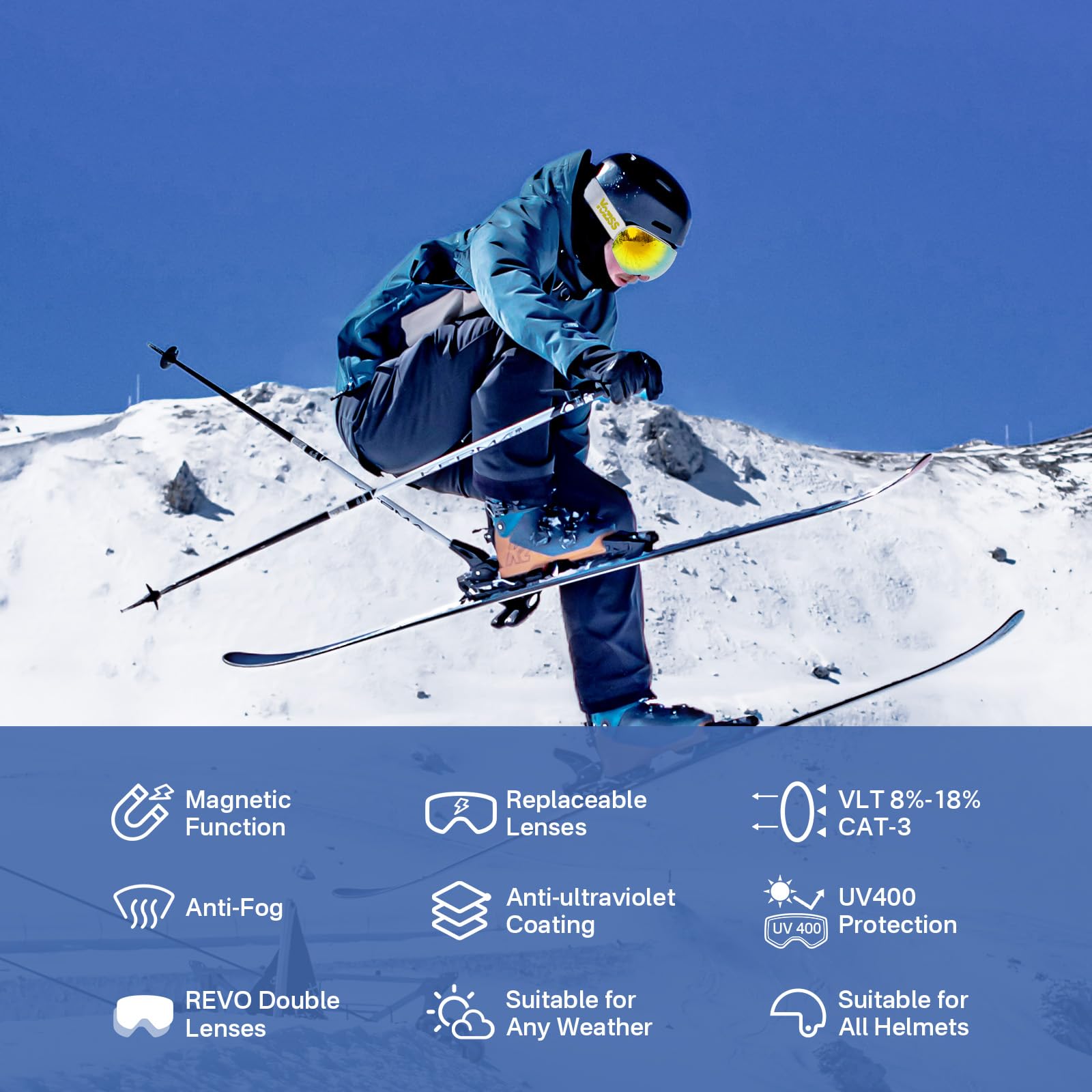 Maschera da Sci per Uomo, Donna, e Giovani, Occhiali da Sci Antiriflesso con Doppia lente per Snowboard, Protezione UV al 100%, Compatibili con Casco OTG, Sci, Pattinaggio, Snowboard, Moto, Ciclismo