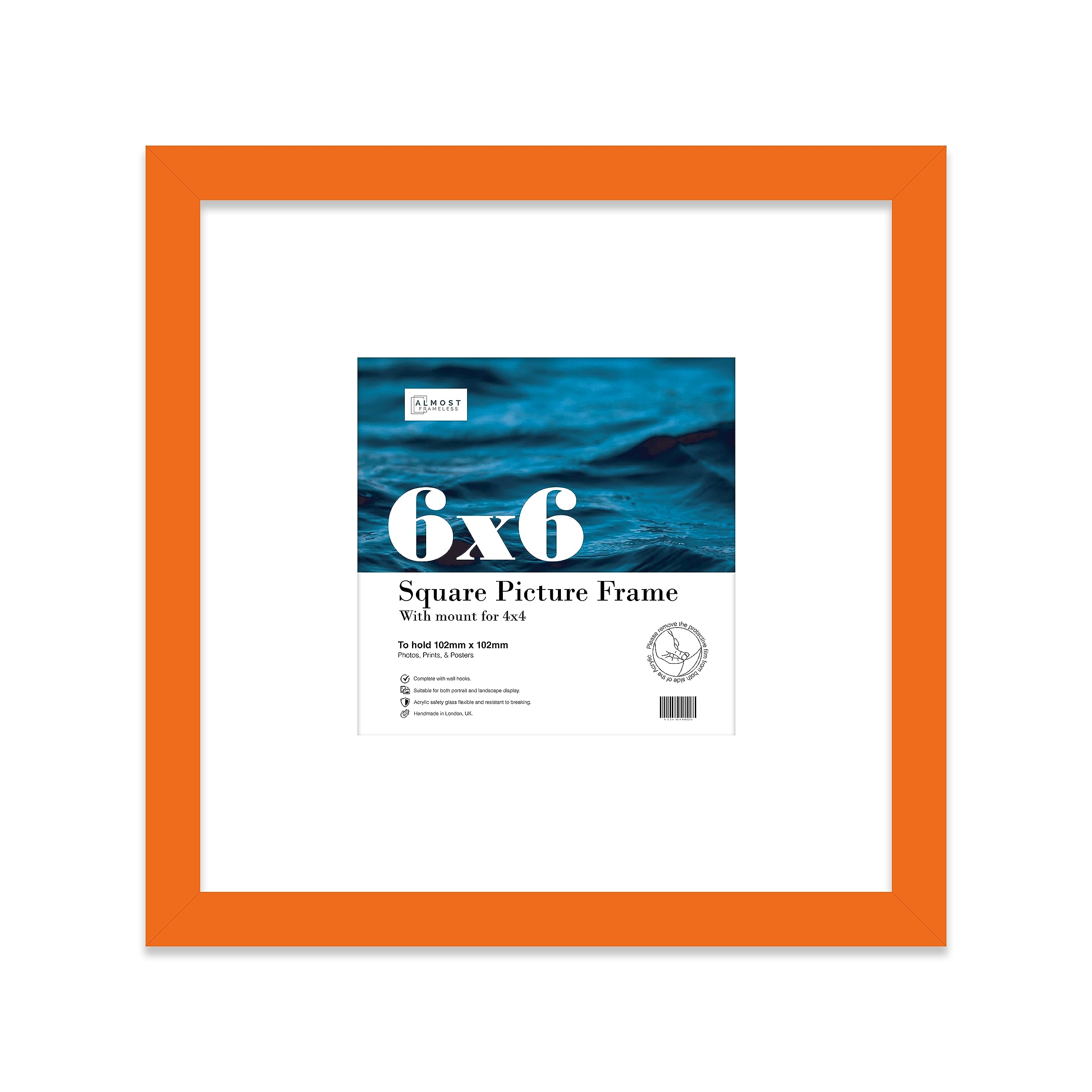 6x6 Orange Picture Frame with Mount for 4x4 Photos, Prints - Modern Square Wall Frame, 1 Pack