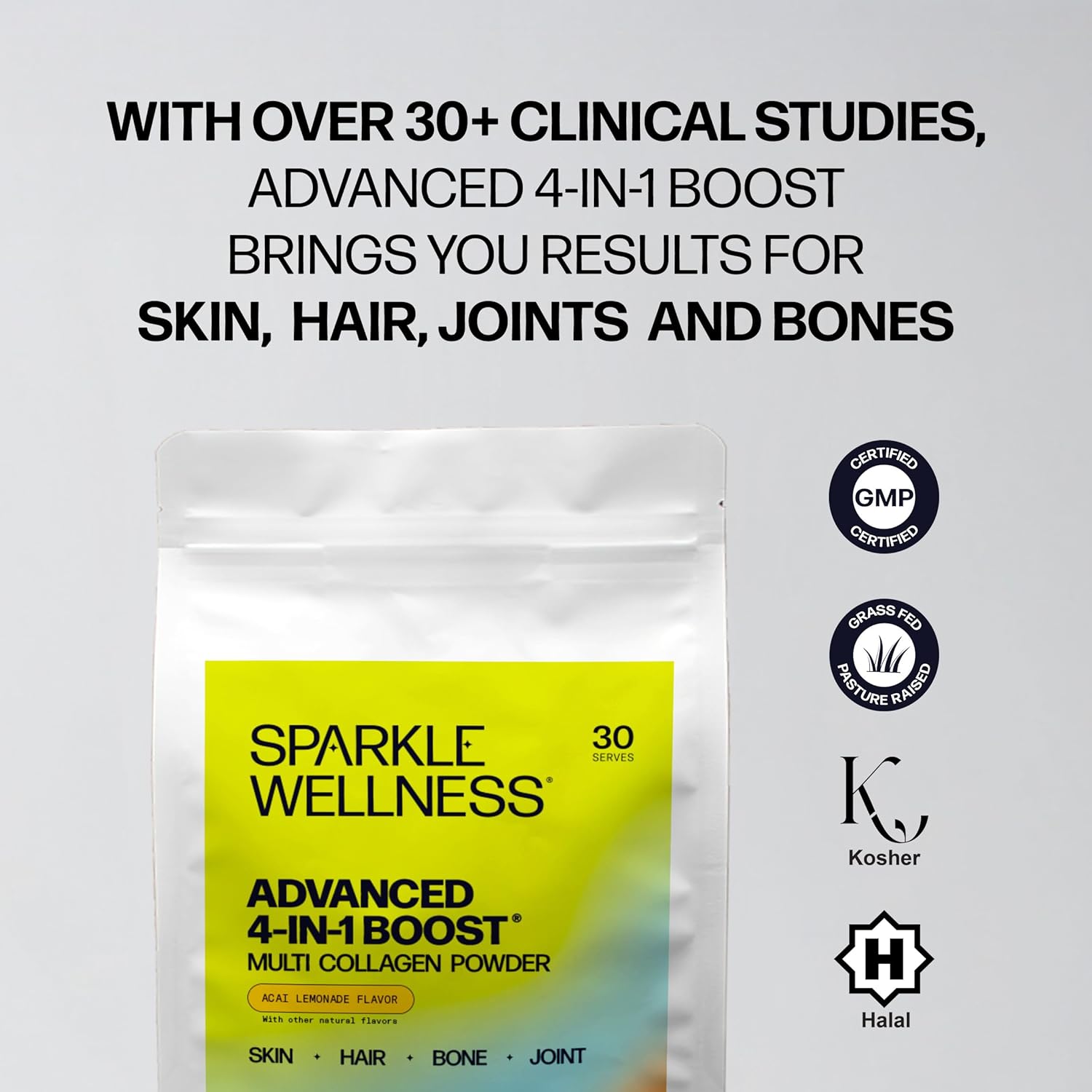 Sparkle Wellness Advanced 4 in 1 Boost | Clinically Tested Multi Collagen Powder with VERISOL, FORTIBONE, FORTIGEL, TENDORFORTE | Acai Lemonade