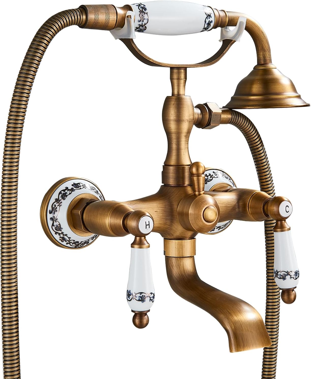 Rozin Bath Tap with Hand Shower Brass Wall Mount Shower Head Two Ceramic Handles Nostalgic Vintage Design Bath Tap