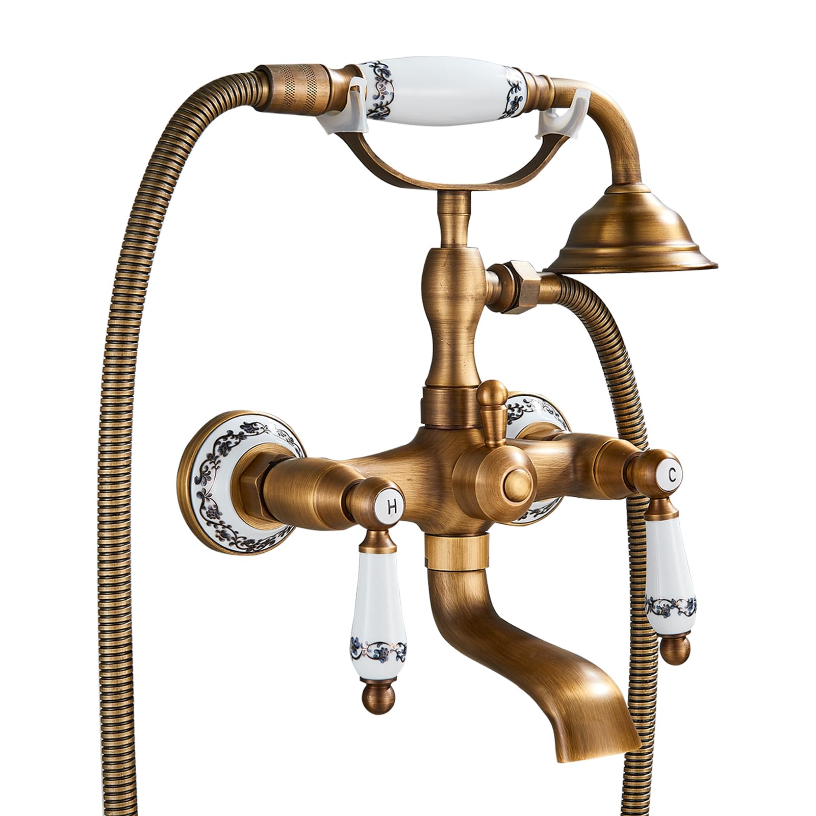 Rozin Badewannenarmatur mit Handbrause Messing Wandhalterung Duschbrause Zwei Keramik Griffe Nostalgie Vintage Design Badewanne Wasserhahn