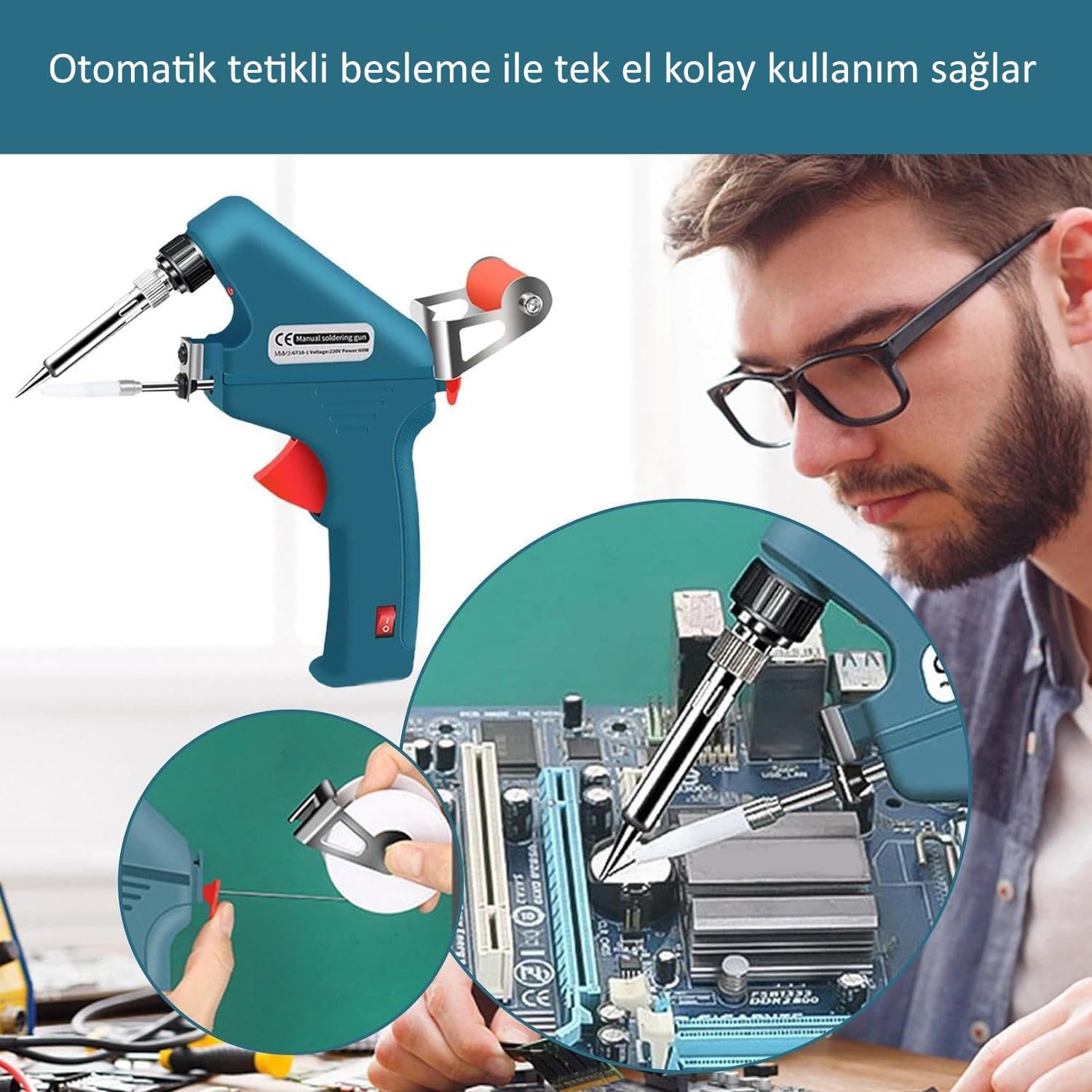Valkyrie 5 Parça Tetikli Otomatik Beslemeli Havya Lehim Tabancası Seti - 60W 480°C Yeni Nesil Seramik Isınma - Tek El Kullanım