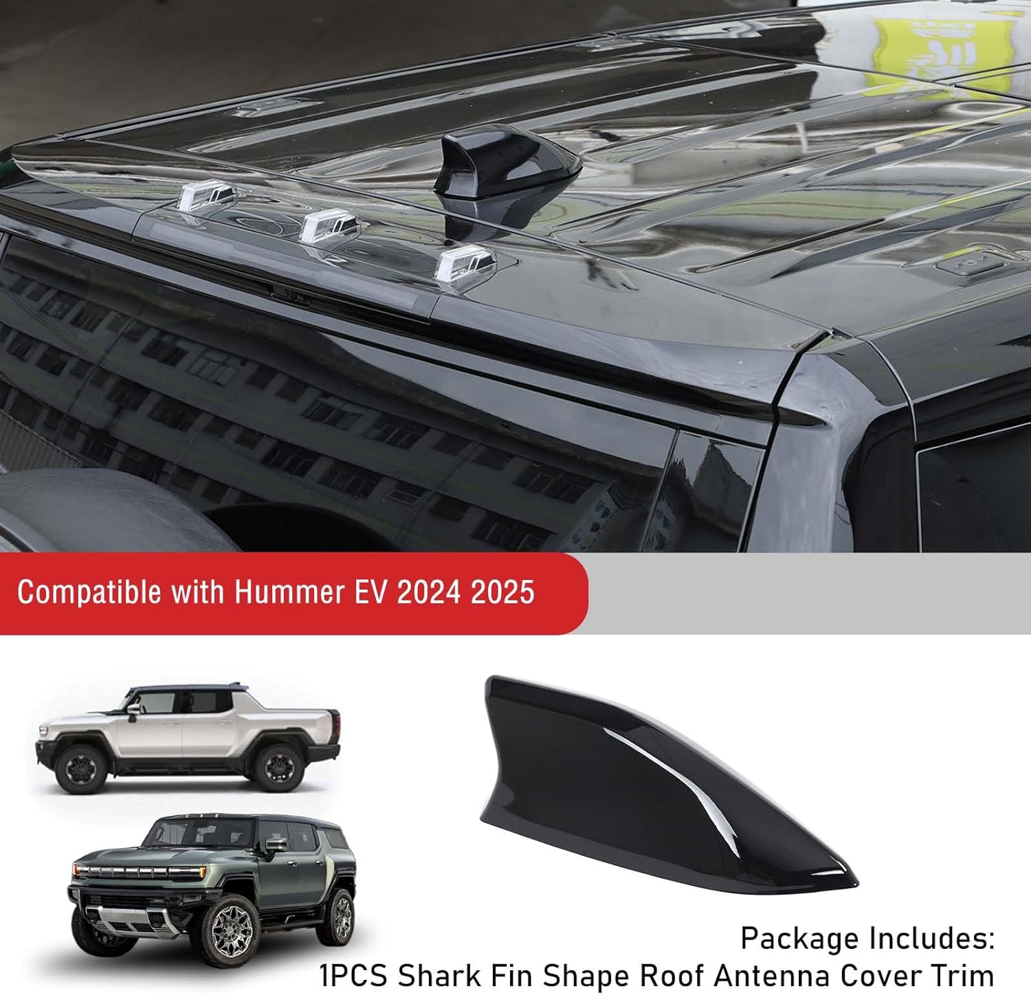 Yinanlutos Shark Fin Shape Roof Antenna Cover Trim Compatible with Hummer EV Pickup SUV 2024 2025 2026 Accessories Antenna Topper Car Shark Fin Cover Exterior Decoration ABS 1pcs (Bright Black)