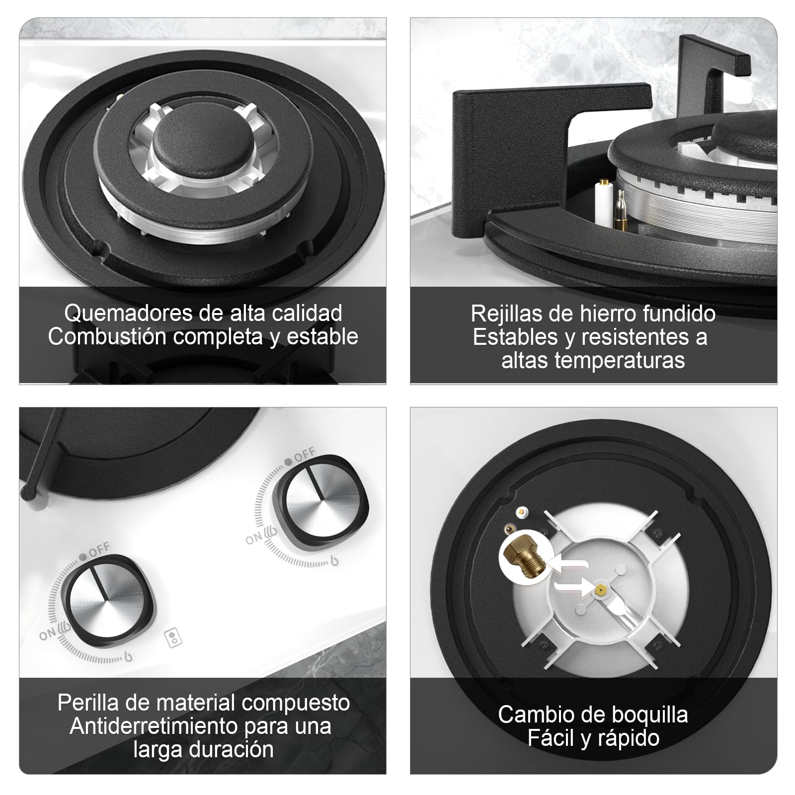 IsEasy Placa de Gas 2 Fuegos Blanco, Encimera de Gas Butano/Natural/Propano, 4300 W, 31 cm, Cocina Empotrable, Cristal Blanco