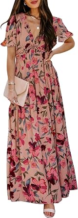 BLENCOT Womens Casual Boho Floral Printed V Neck Short Sleeve Long Evening Dress Ruched Cocktail Party Maxi Wedding Dress