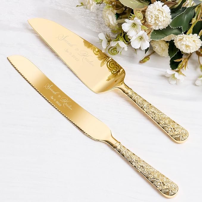 Wedding cake knife and server set, personalized gold cake serving set, Engraved cake cutting set for wedding, Pie server pizza cutter, bridal gift(CUS-Flower)