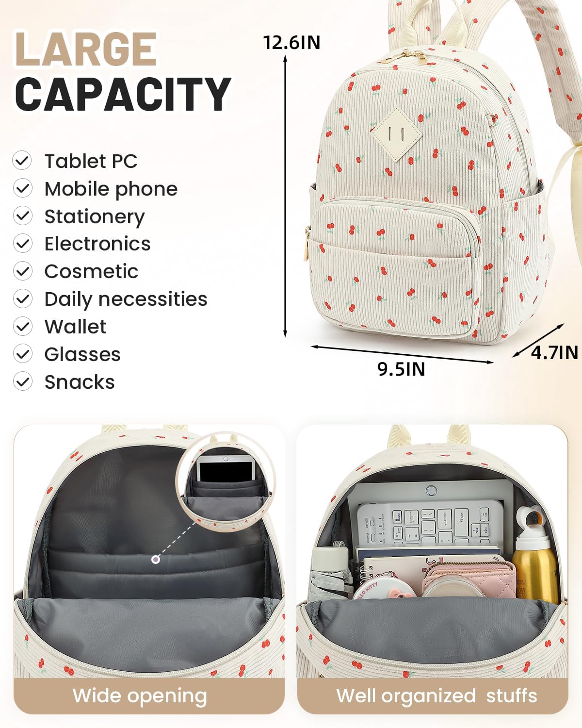 Corduroy Mini Backpack Purse, Lightweight Stylish Cute Small Bag for Women Girls, Adjustable Strap College School Bag Travel Daily Daypacks (Cherry)