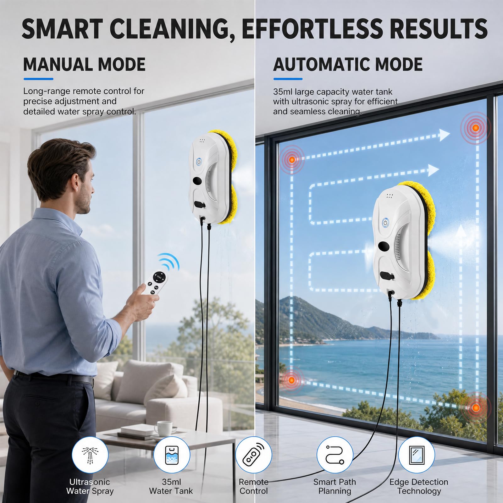 Robot limpiador de ventanas automático robot limpiador de ventanas | Potente succión y pulverizador de agua, limpiador inteligente de ventanas con navegación, reconocimiento de bordes para