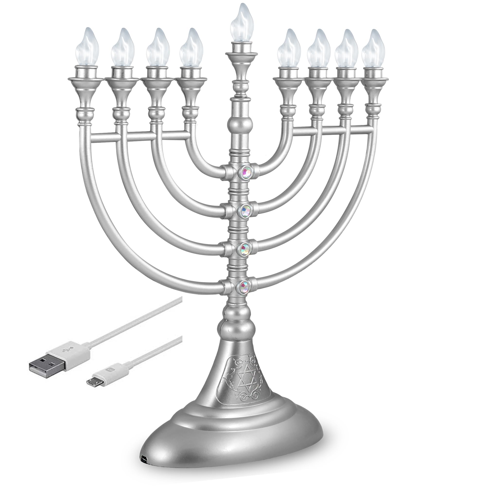 Menorás eléctrica LED tradicional de Hanukkah con batería gris o Janucía alimentada por USB con cable micro USB de 4 pies, velas electrónicas de Janucá, menorá iluminadas, decoración de