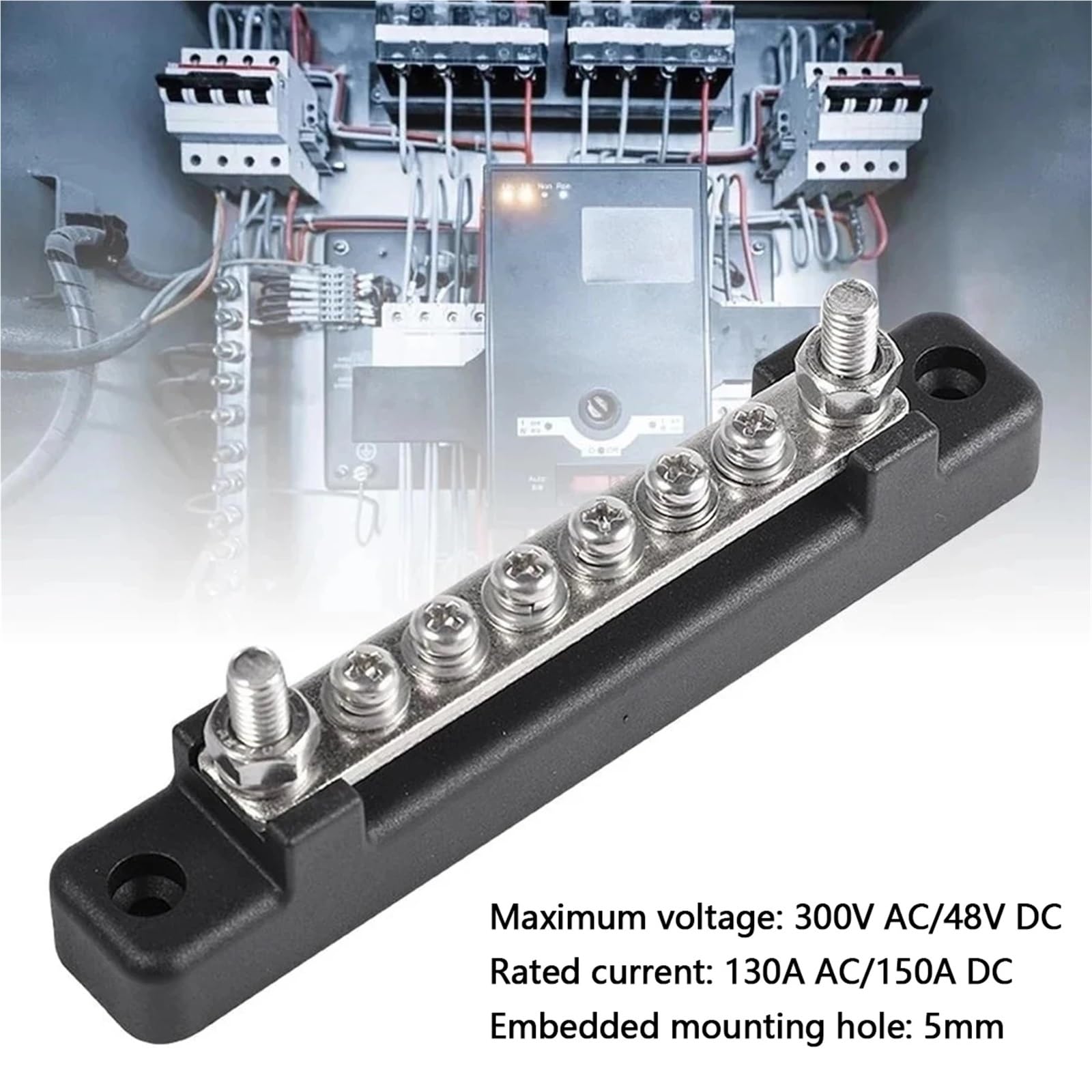Bloque de distribución energía 6 vías, barra colectora, bloque terminales coche, negativa, 300V CA/48V CC 130A CA/150A for caravana, camión, barco para Coches, RV, Barcos(Black)