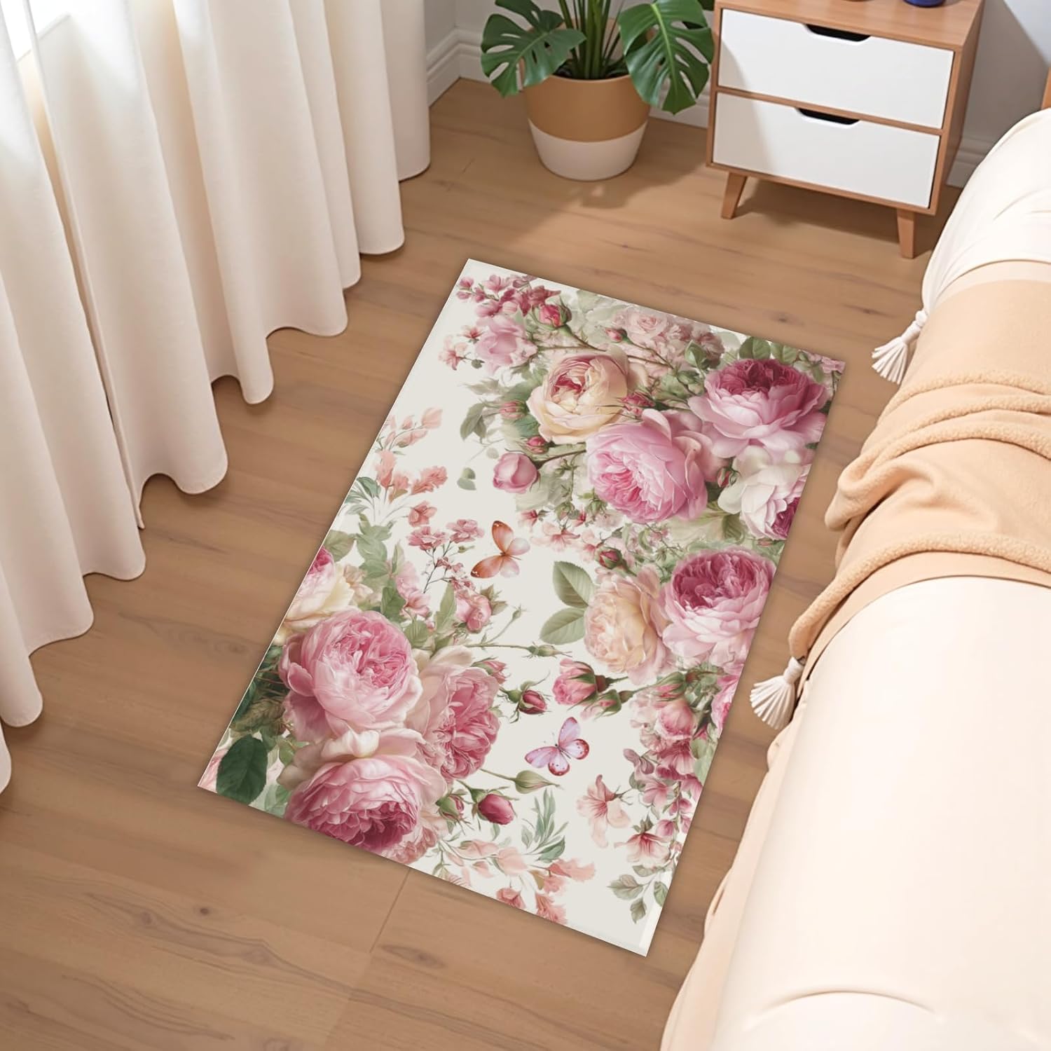 Spring Vintage Floral Area Rug Pink Rose Rug 24x35 Inch Shabby Chic Door Mat Non-Slip Rubber Backed Carpet Flower Entry Way Rug for Bathroom Living Room Kitchen Porch Front Door