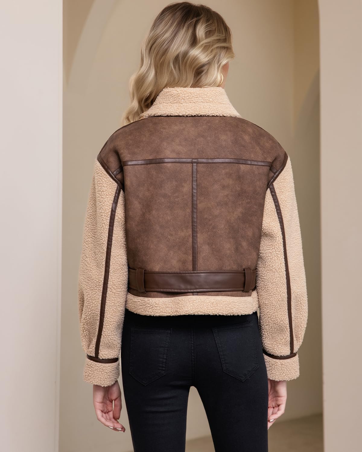 DIASHINY Women Fur Leather Jacket Patchwork Faux Shearing Fur Jacket with Sherpa Fleece Lined Coat - Image 4