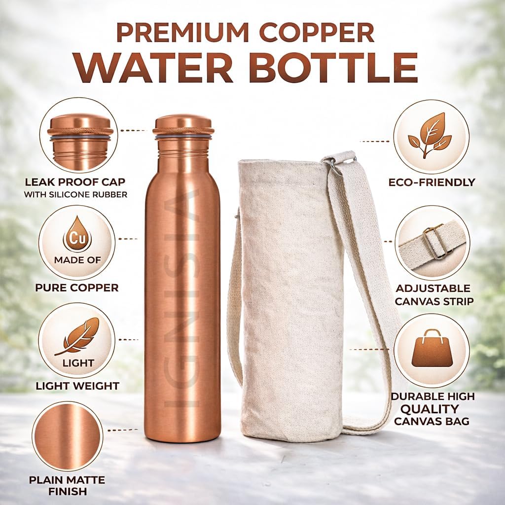 Copper Water Bottle 34 oz – Pure Copper Ayurvedic Drinking Bottle with Leak Proof Lid, Canvas Carry Bag, Handcrafted Smooth Finish (Plain)